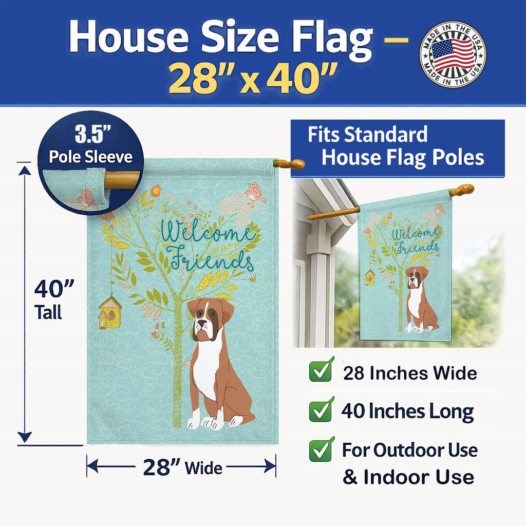 Welcome Friends Flashy Fawn Boxer House Flag 28x40 Porch Sleeve Pole Decorative Outside Yard Banner Artwork Wall Hanging, Polyester
