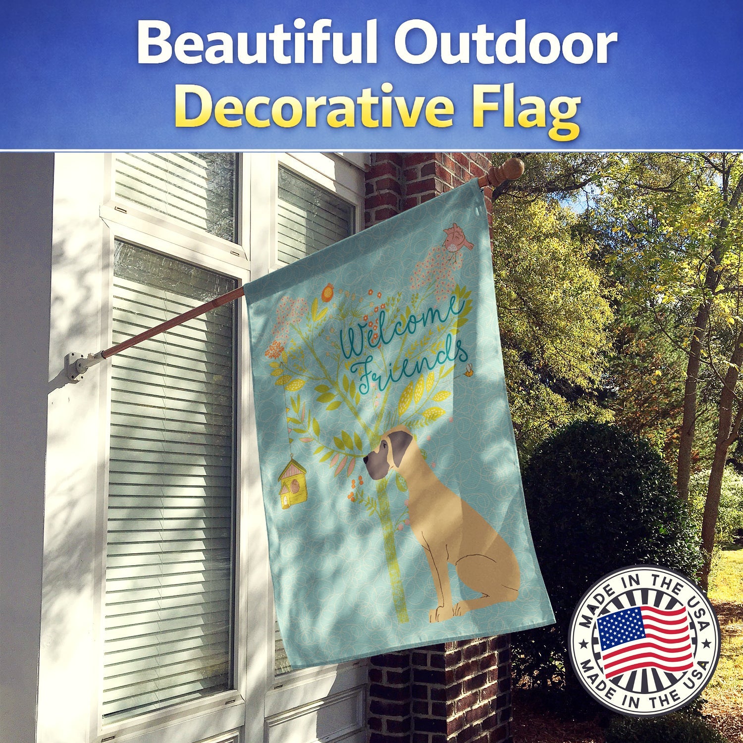 Welcome Friends Fawn Great Dane Natural Ears House Flag 28x40 Porch Sleeve Pole Decorative Outside Yard Banner Artwork Wall Hanging, Polyester