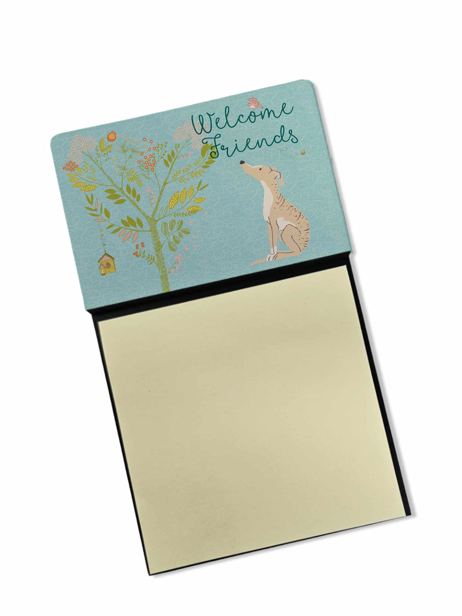 Welcome Friends Brindle Greyhound Watercolor Sticky Note Holder Refillable Dispenser Desk Accessory 3x3 Pad Gift