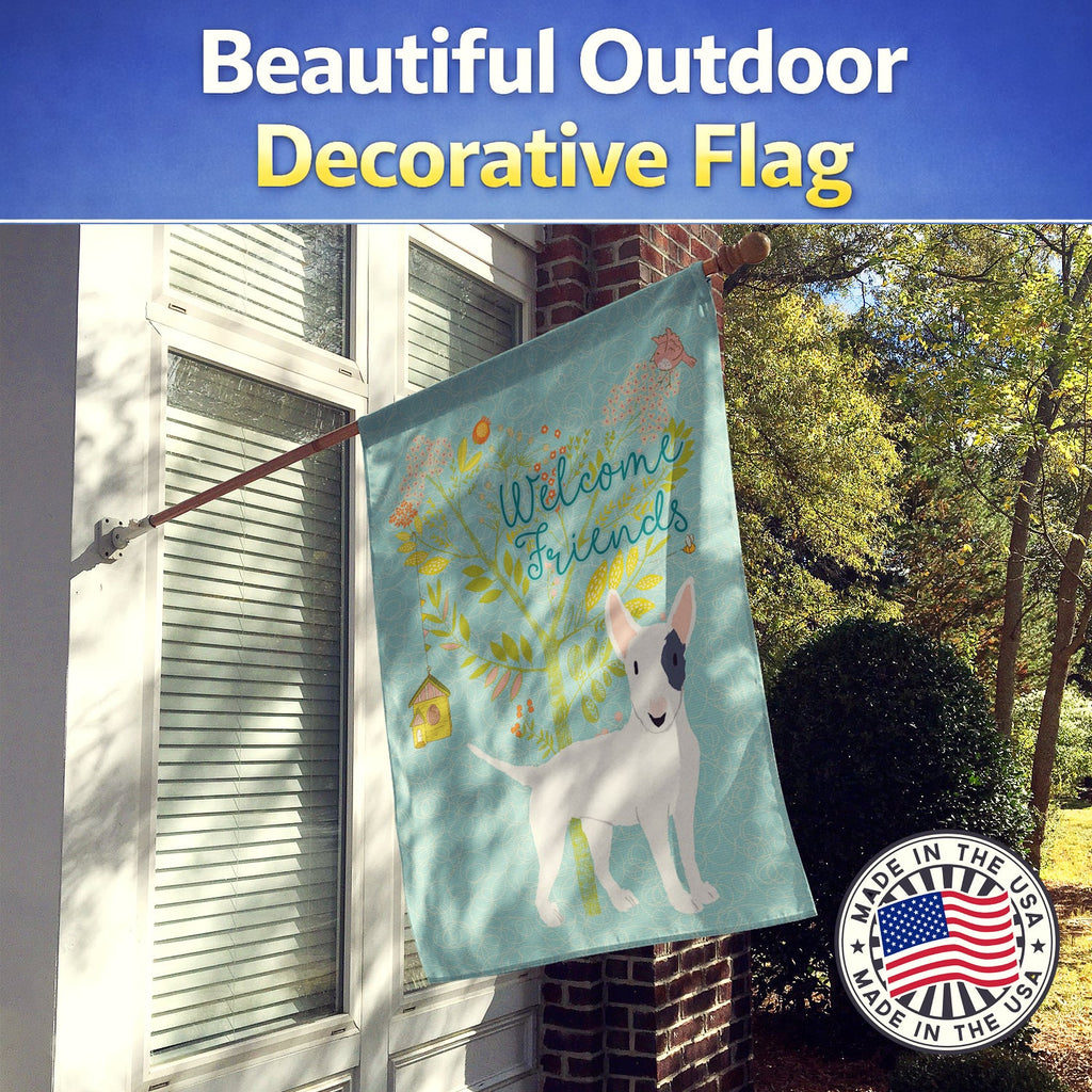 Welcome Friends White Patched Bull Terrier House Flag 28x40 Porch Sleeve Pole Decorative Outside Yard Banner Artwork Wall Hanging, Polyester