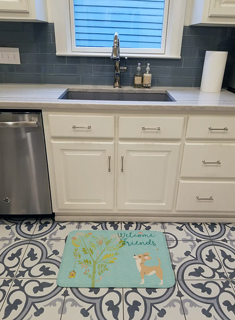 Welcome Friends Brown White Chihuahua Memory Foam Kitchen Mat Machine Washable Anti-Fatigue Cushion Comfort Bath or Kitchen Rug