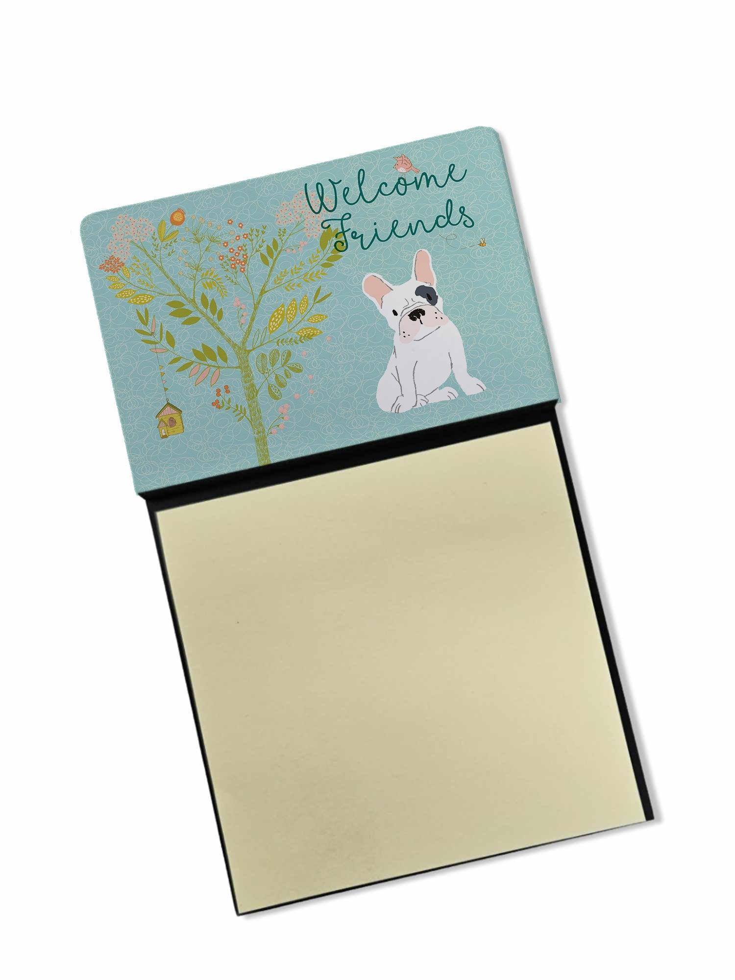Welcome Friends Piebald French Bulldog Watercolor Sticky Note Holder Refillable Dispenser Desk Accessory 3x3 Pad Gift