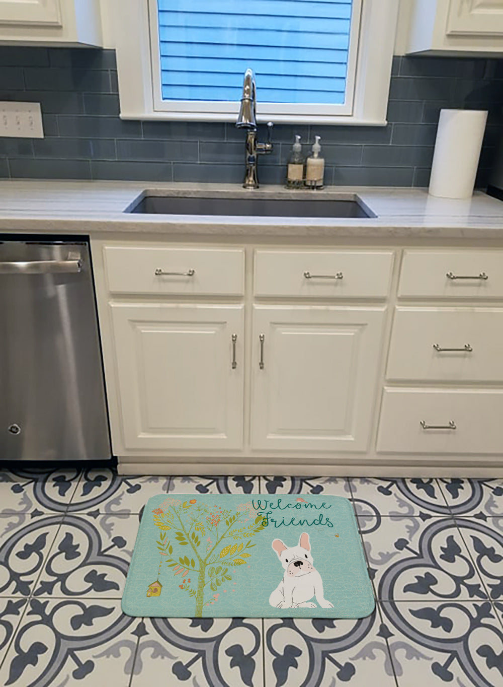 Welcome Friends White French Bulldog Memory Foam Kitchen Mat Machine Washable Anti-Fatigue Cushion Comfort Bath or Kitchen Rug
