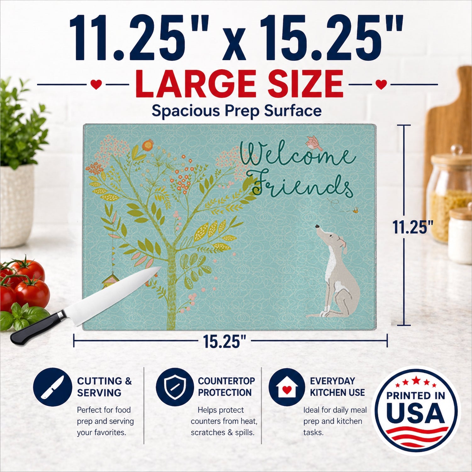 Welcome Friends Italian Greyhound Cutting Board Tempered Glass Kitchen Cutting Surface, Heat Resistant Chopping, Non-Slip Feet, Food Prep & Serving