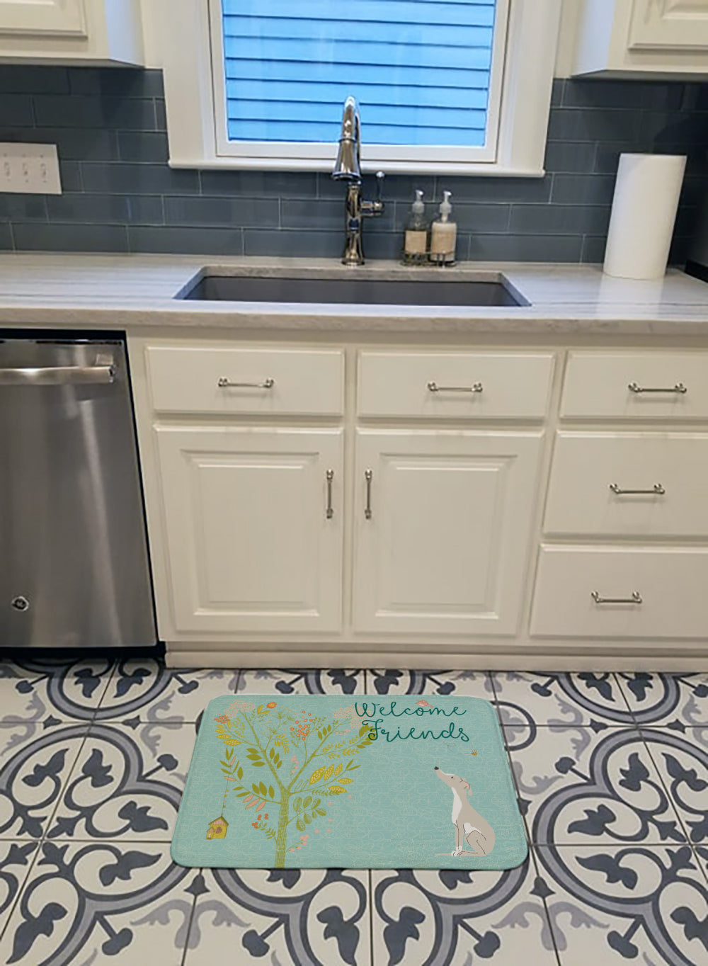 Welcome Friends Italian Greyhound Memory Foam Kitchen Mat Machine Washable Anti-Fatigue Cushion Comfort Bath or Kitchen Rug