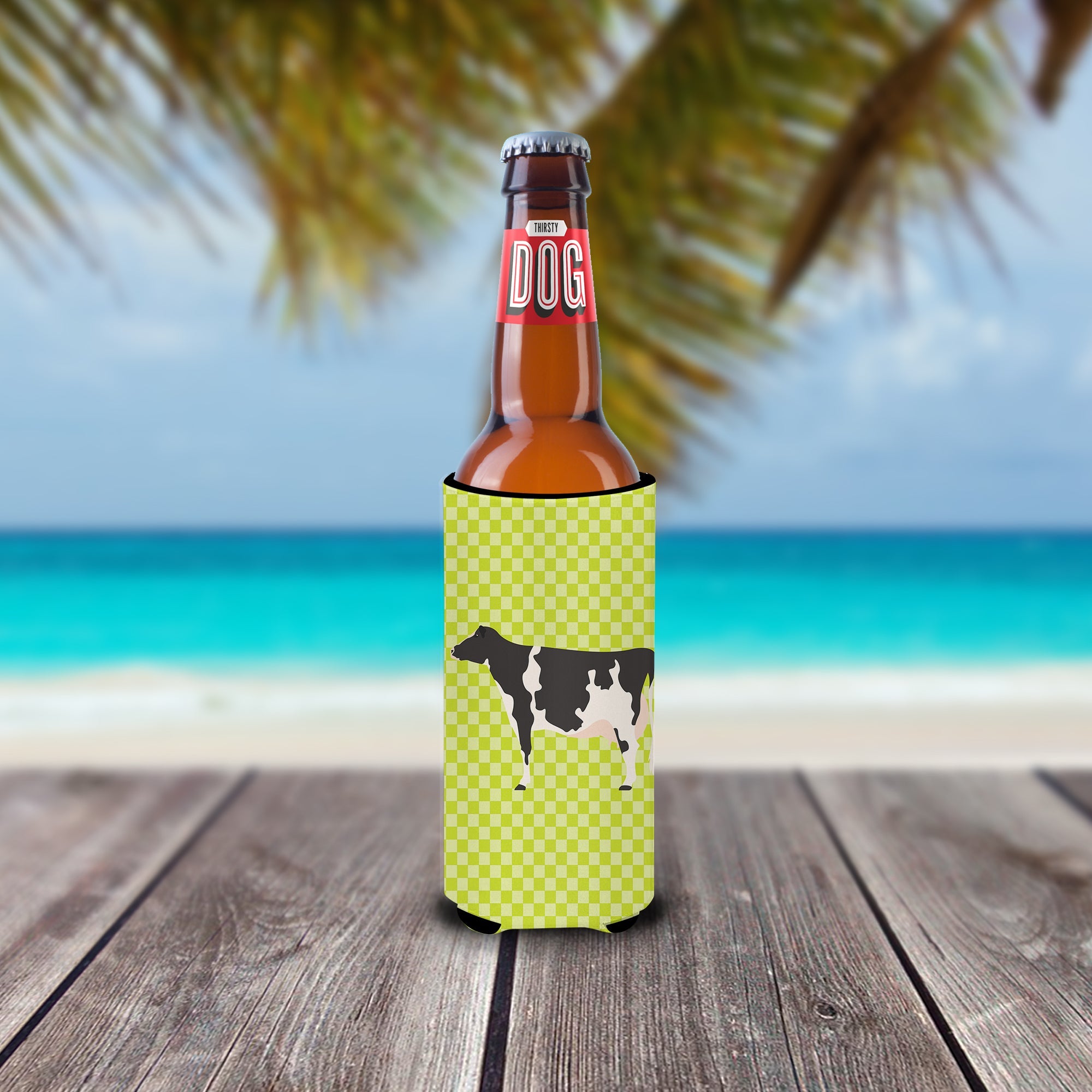 Holstein Cow Green Slim Can Hugger , Insulated Foam Hugger for 12 oz Slim Cans, Beer Bottles & Water Bottles, Printed in USA