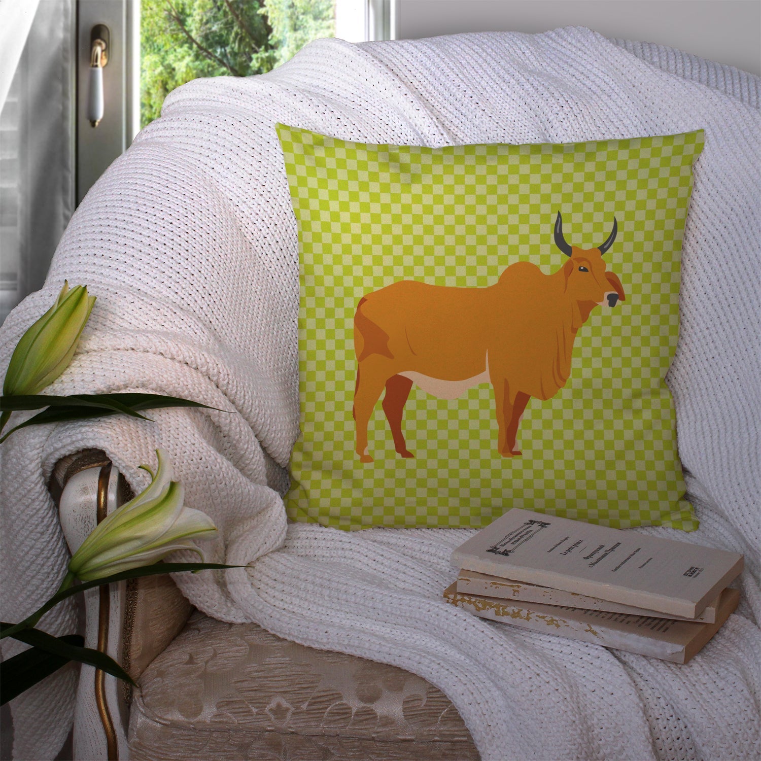 Zebu Indicine Cow Green Decorative Throw Pillow 14x14 Indoor Outdoor Accent Cushion, Fabric Cover with Insert for Sofa, Bed, Porch & Living Room