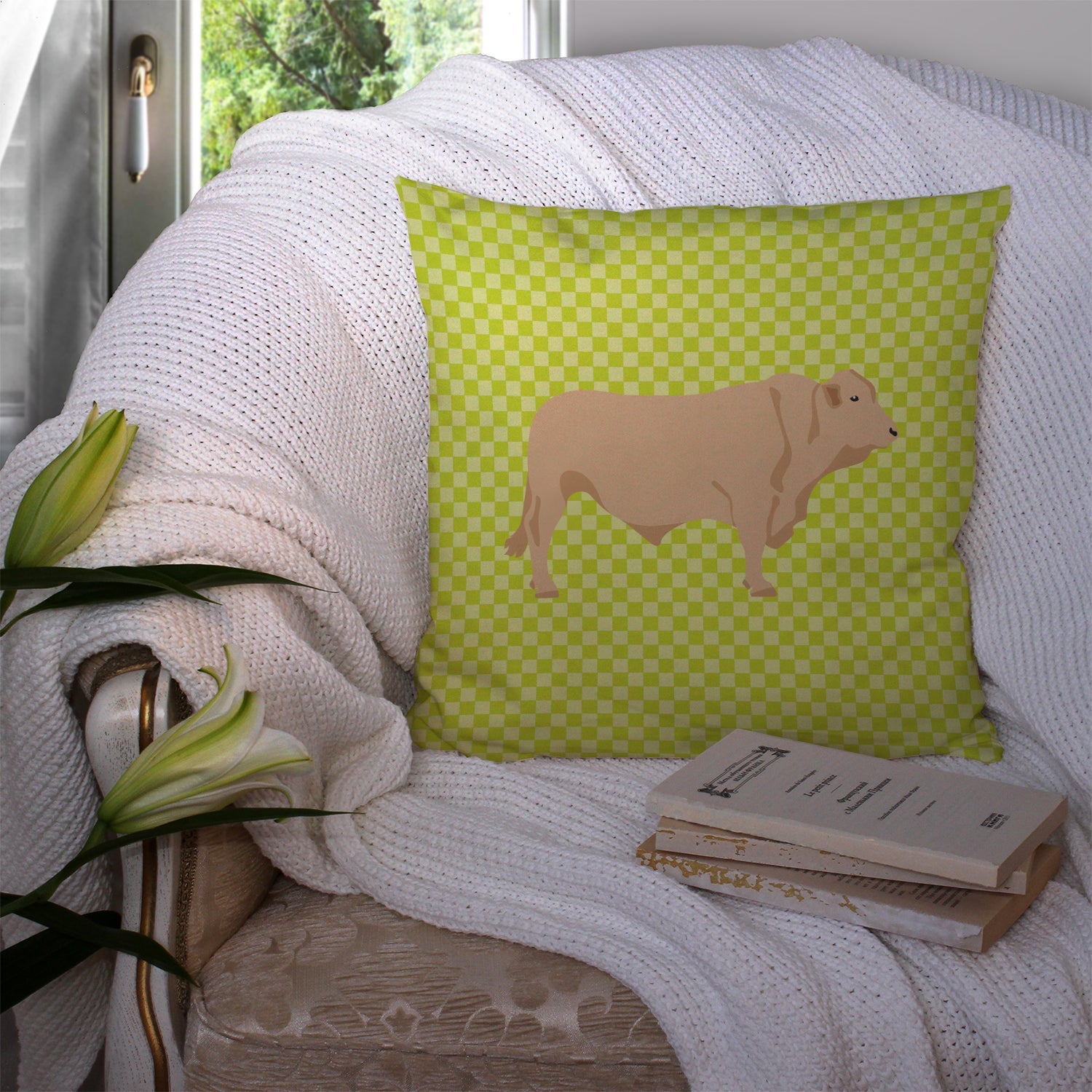Charolais Cow Green Decorative Throw Pillow 14x14 Indoor Outdoor Accent Cushion, Fabric Cover with Insert for Sofa, Bed, Porch & Living Room