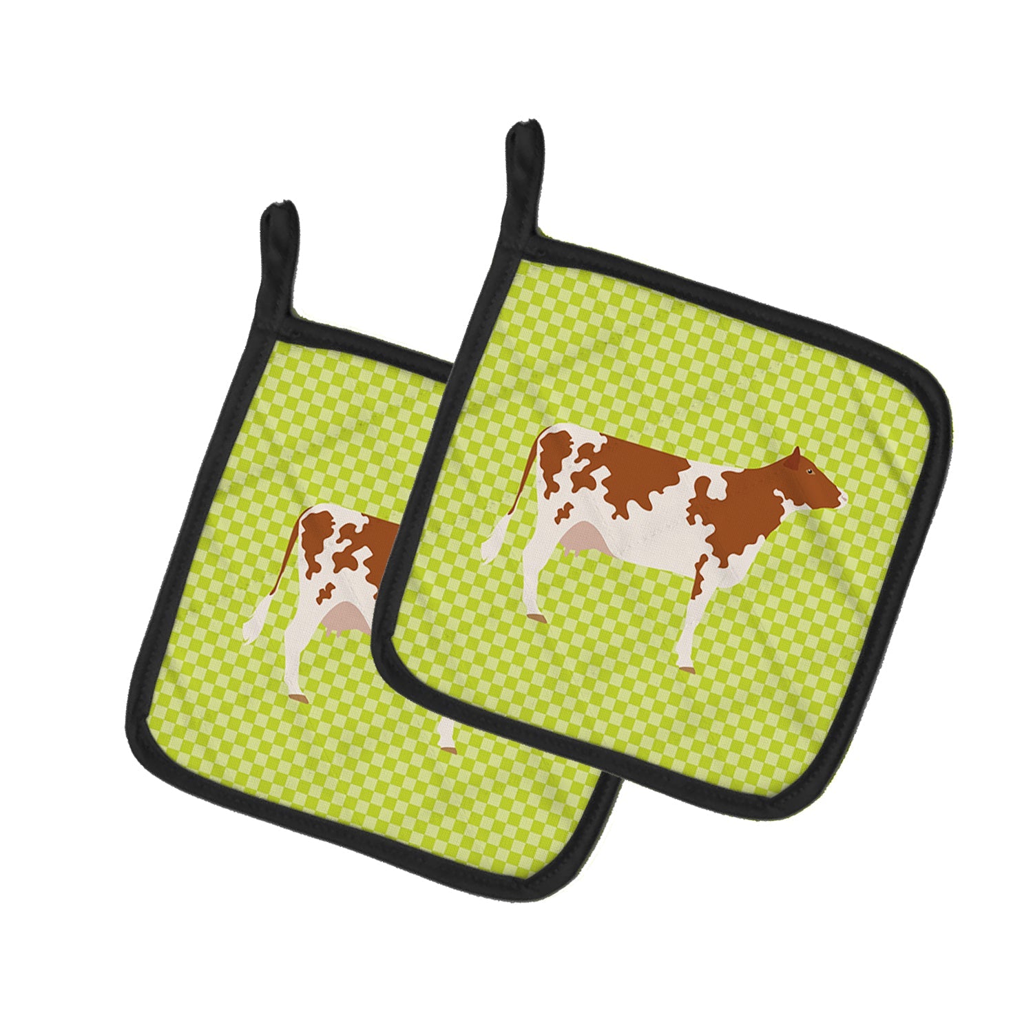 Ayrshire Cow Green Pot Holder Set of 2 Heat Resistant Quilted Hot Pads 7.5 x 7.5 Inch, Insulated Kitchen Trivets for Cooking & Baking