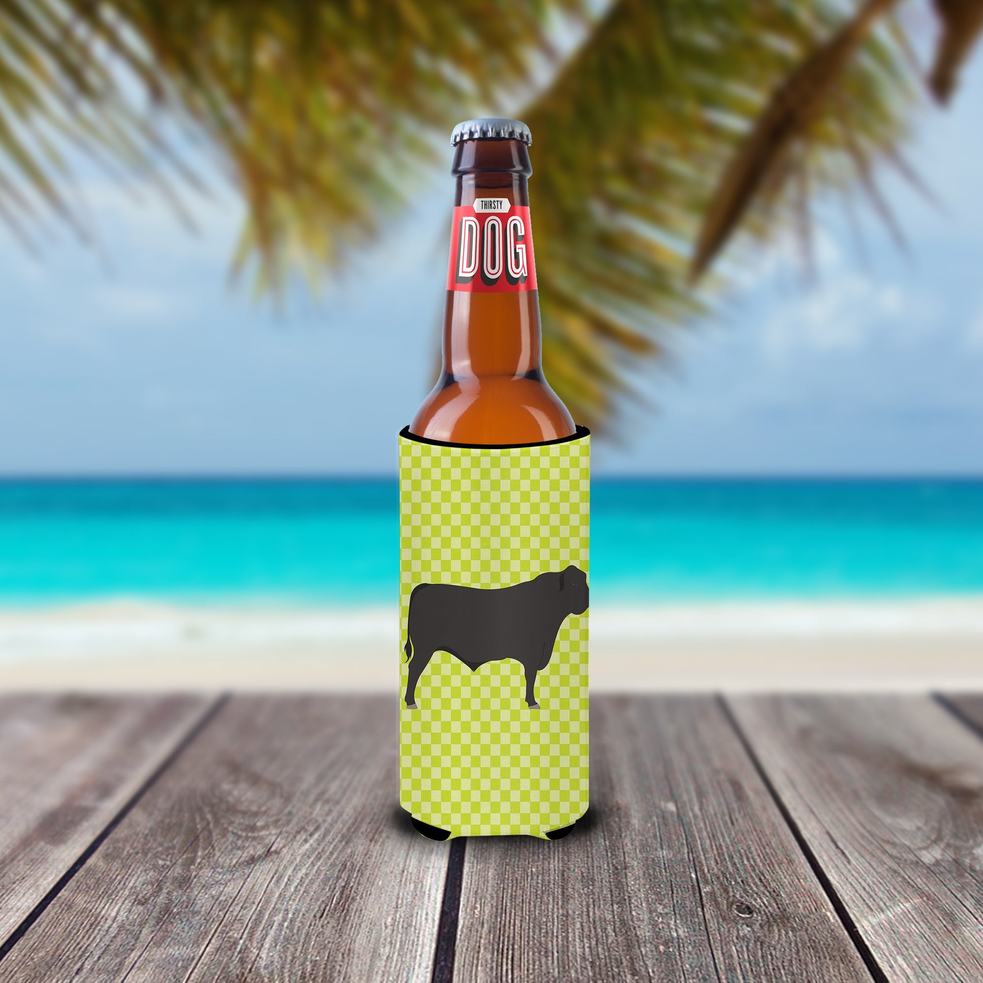 Black Angus Cow Green Slim Can Hugger , Insulated Foam Hugger for 12 oz Slim Cans, Beer Bottles & Water Bottles, Printed in USA