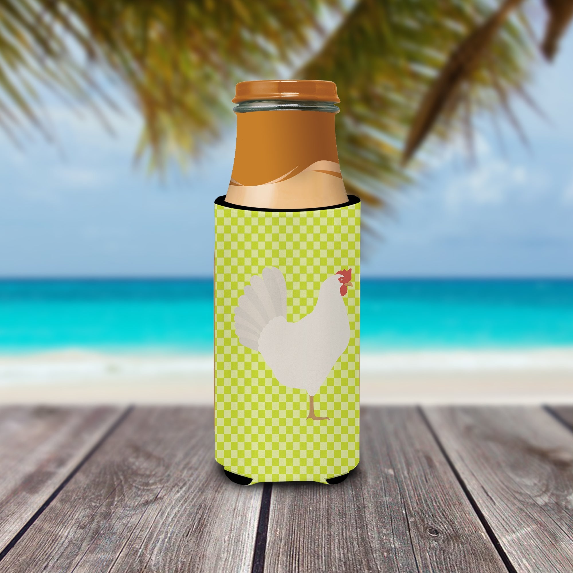 Leghorn Chicken Green Slim Can Hugger , Insulated Foam Hugger for 12 oz Slim Cans, Beer Bottles & Water Bottles, Printed in USA