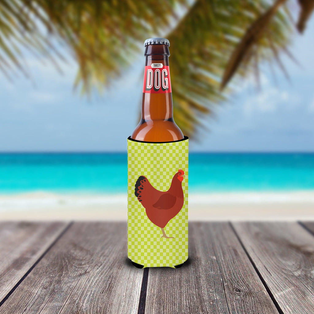 New Hampshire Red Chicken Green Slim Can Hugger , Insulated Foam Hugger for 12 oz Slim Cans, Beer Bottles & Water Bottles, Printed in USA