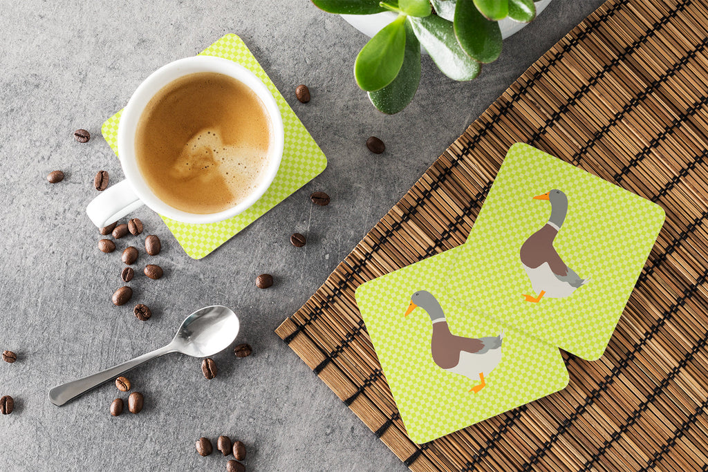 Saxony Sachsenente Duck Green Foam Coasters Set of 4 Cup Coasters for Indoor Outdoor, Tabletop Protection, Anti Slip, Mouse pad Material