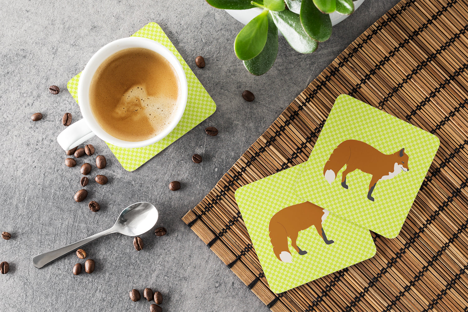 Red Fox Green Foam Coasters Set of 4 Cup Coasters for Indoor Outdoor, Tabletop Protection, Anti Slip, Mouse pad Material