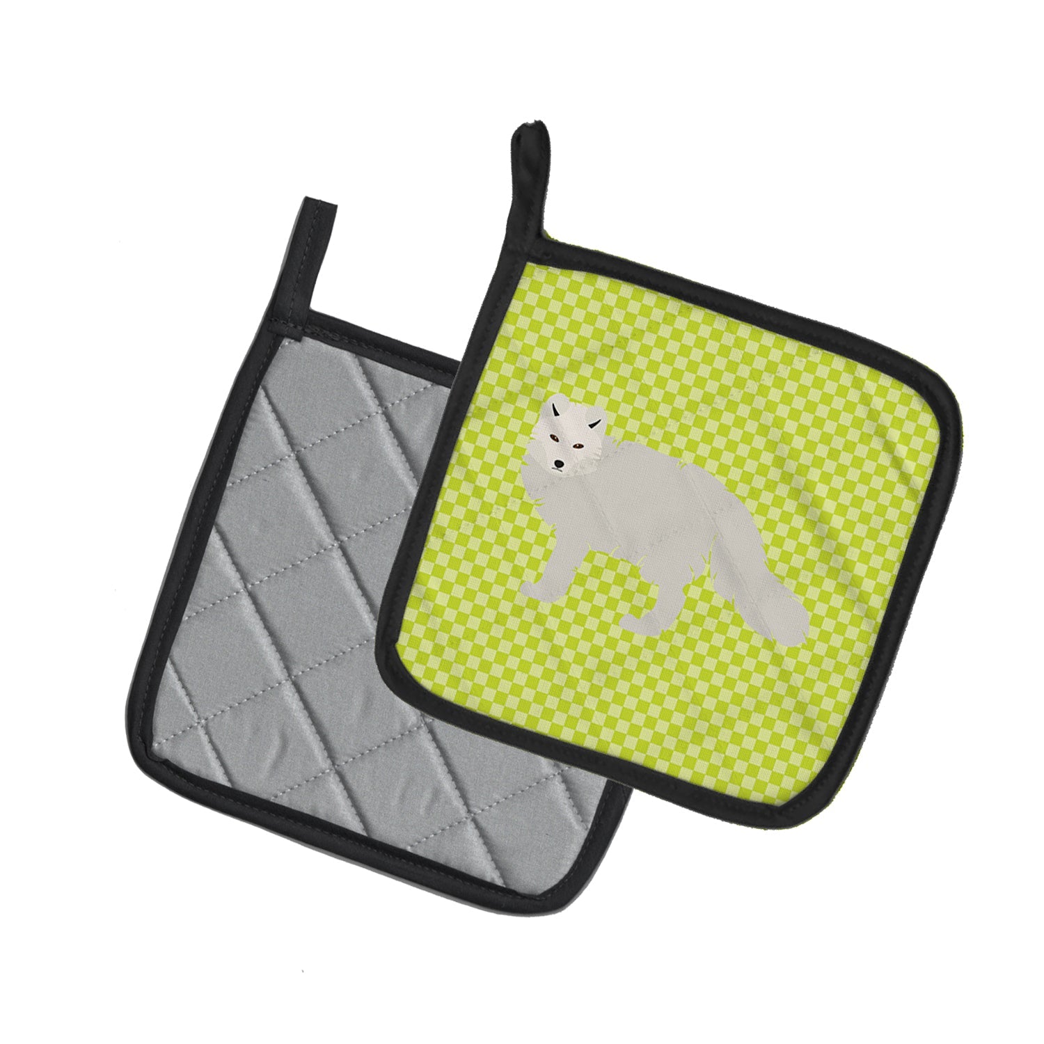 White Arctic Fox Green Pot Holder Set of 2 Heat Resistant Quilted Hot Pads 7.5 x 7.5 Inch, Insulated Kitchen Trivets for Cooking & Baking