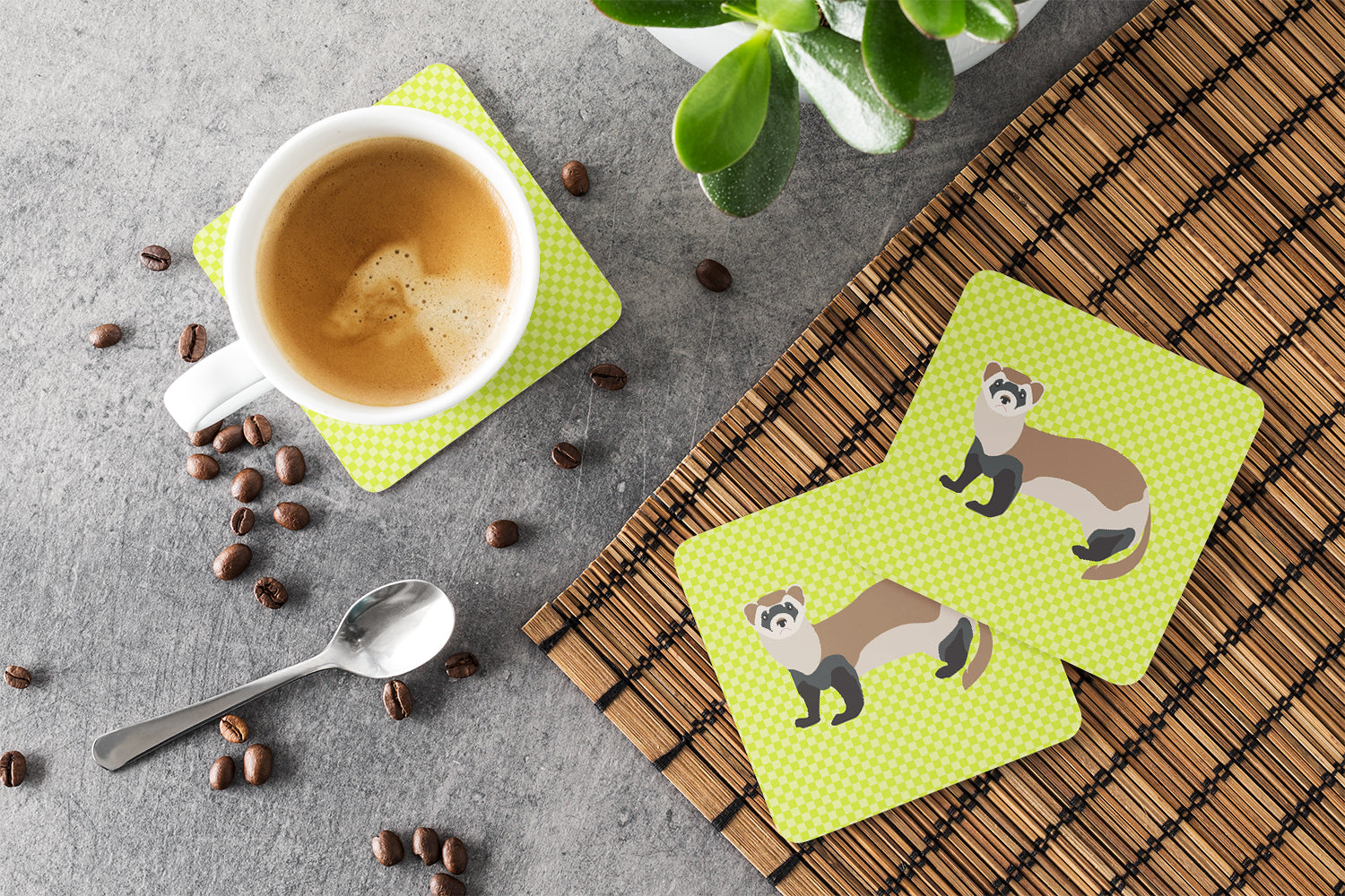 Ferret Green Foam Coasters Set of 4 Cup Coasters for Indoor Outdoor, Tabletop Protection, Anti Slip, Mouse pad Material