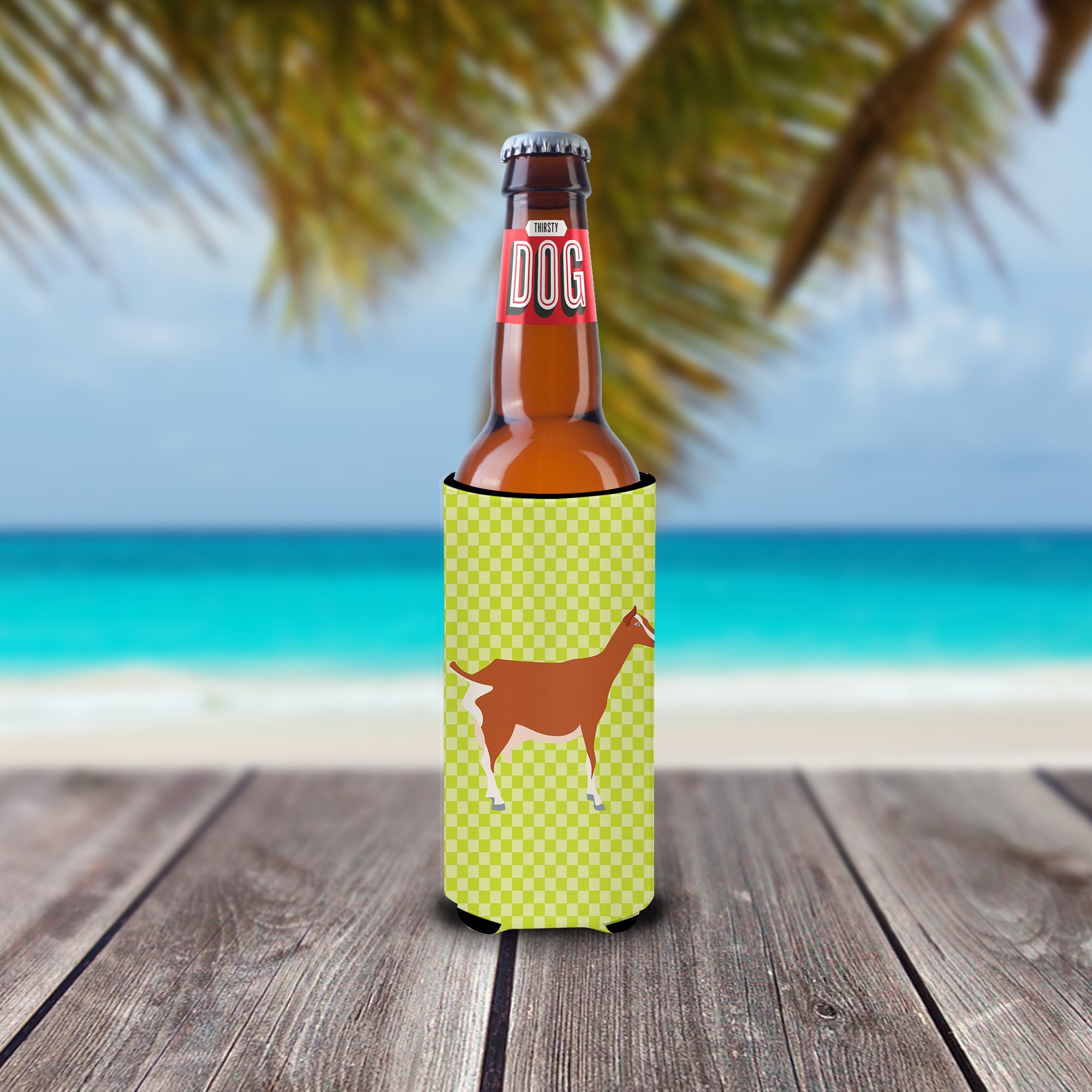 Toggenburger Goat Green Slim Can Hugger , Insulated Foam Hugger for 12 oz Slim Cans, Beer Bottles & Water Bottles, Printed in USA