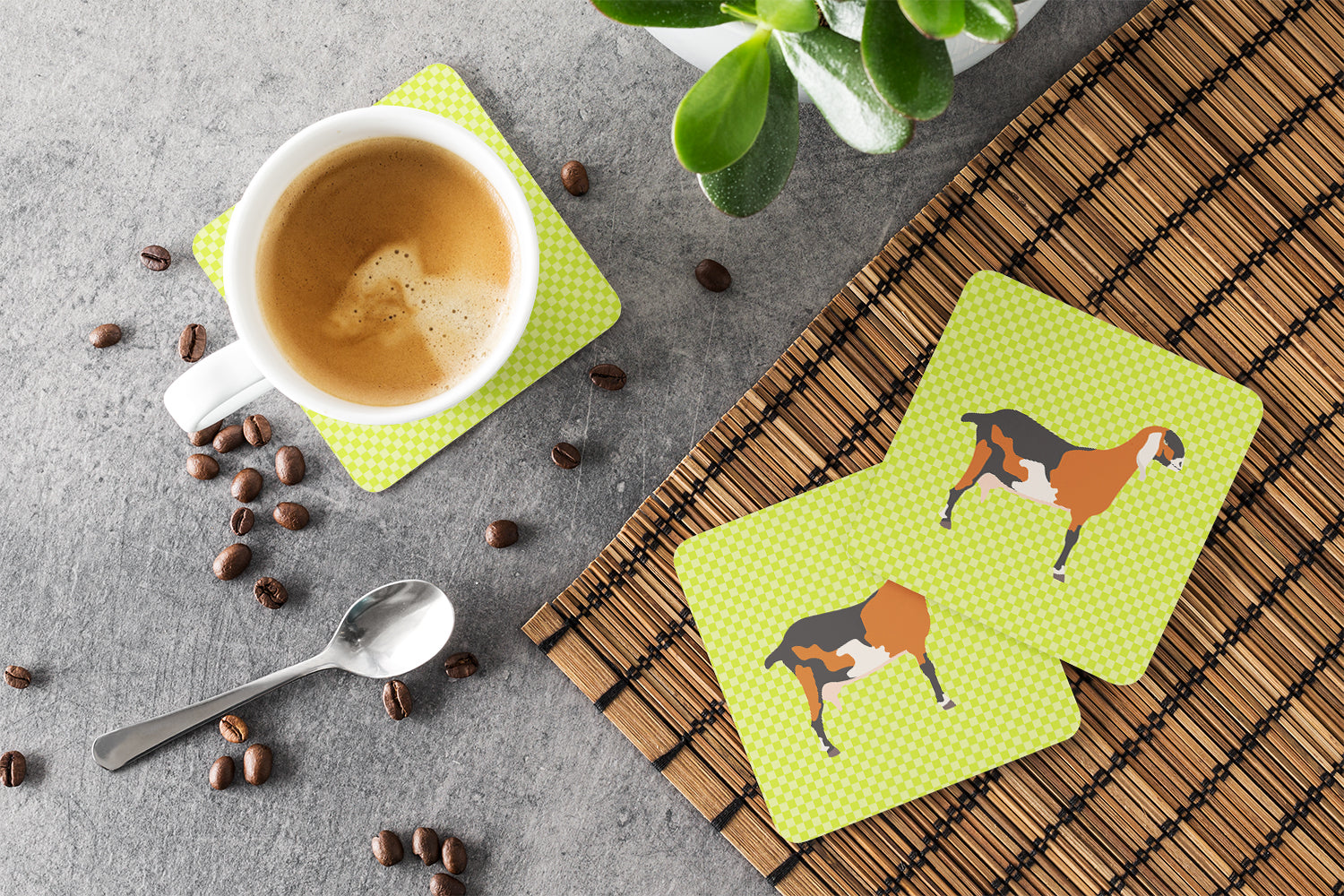 Anglo-nubian Nubian Goat Green Foam Coasters Set of 4 Cup Coasters for Indoor Outdoor, Tabletop Protection, Anti Slip, Mouse pad Material