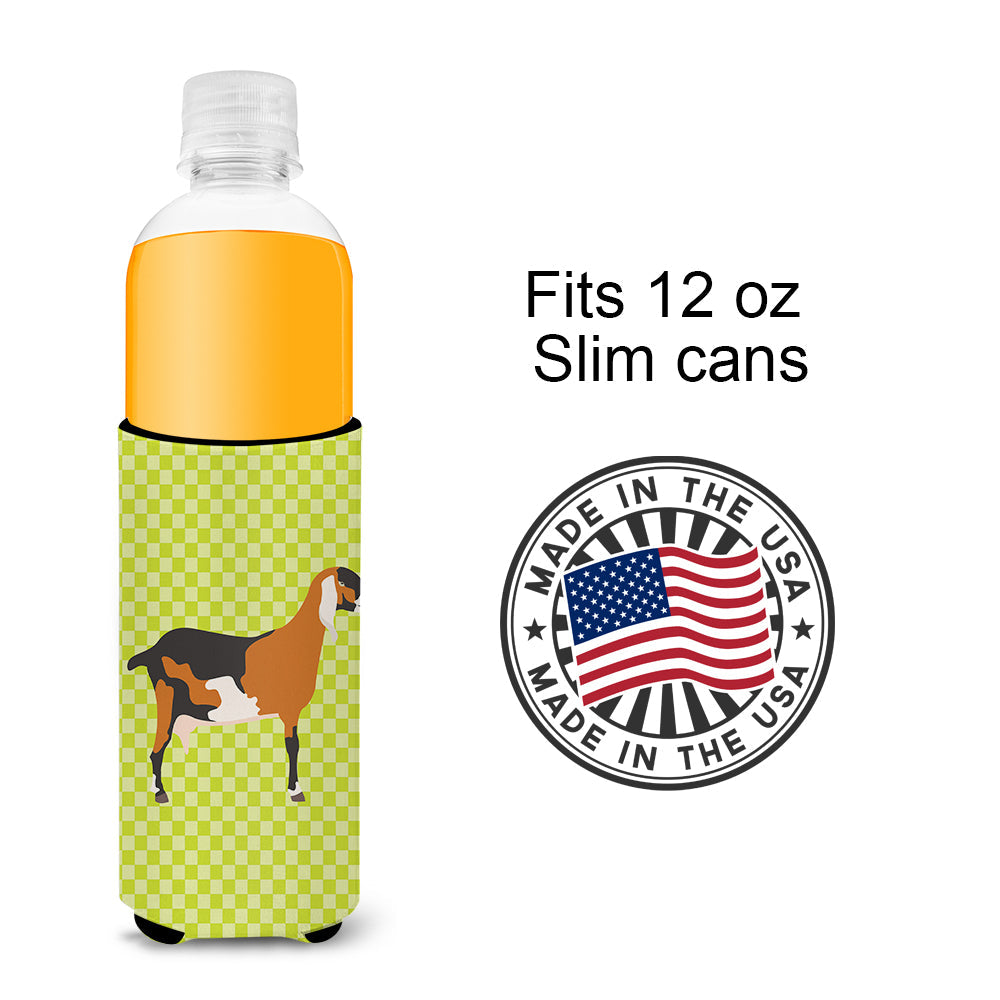Anglo-nubian Nubian Goat Green Slim Can Hugger , Insulated Foam Hugger for 12 oz Slim Cans, Beer Bottles & Water Bottles, Printed in USA