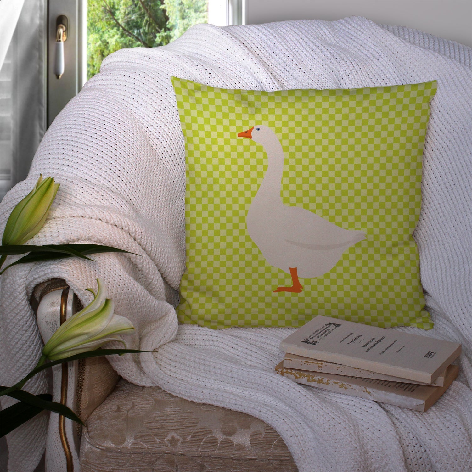 Embden Goose Green Decorative Throw Pillow 14x14 Indoor Outdoor Accent Cushion, Fabric Cover with Insert for Sofa, Bed, Porch & Living Room