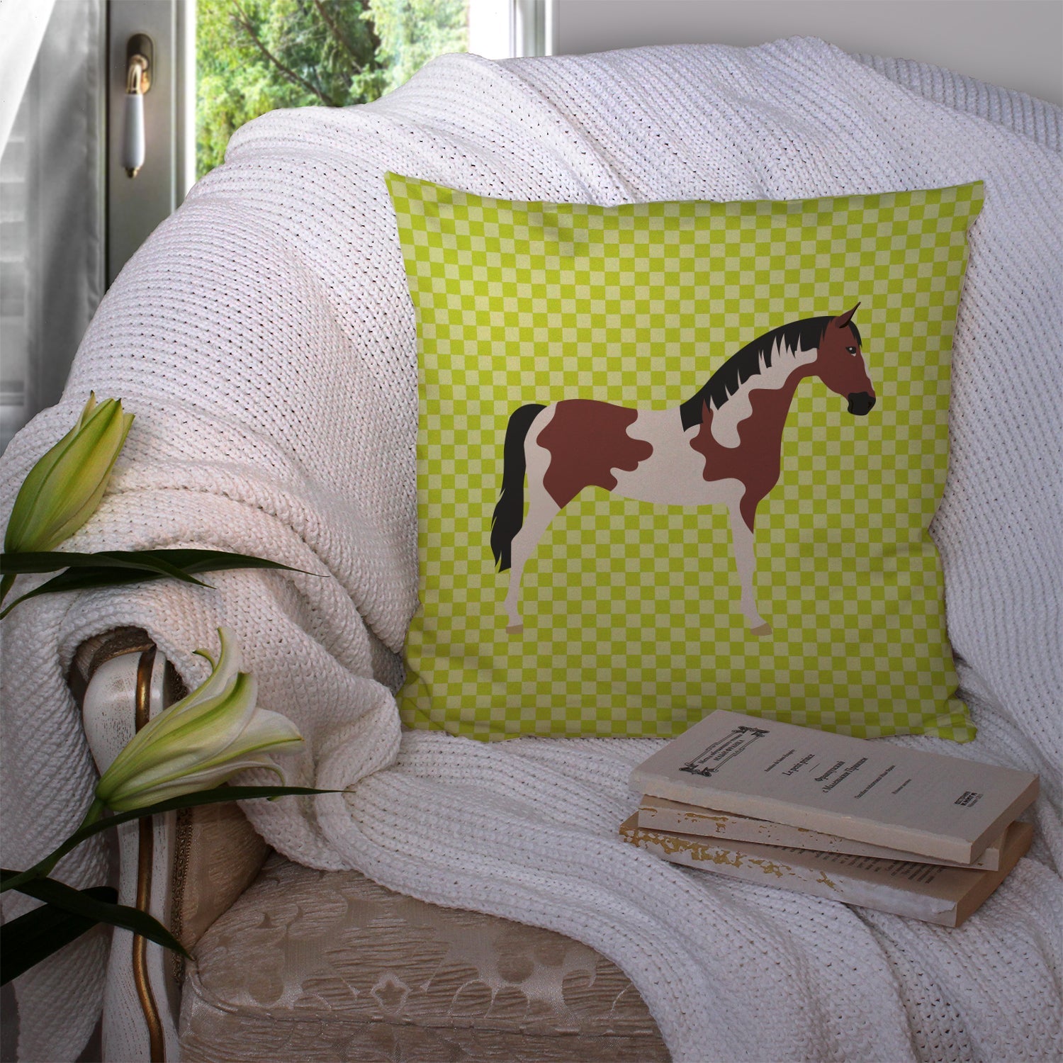 Pinto Horse Green Decorative Throw Pillow 14x14 Indoor Outdoor Accent Cushion, Fabric Cover with Insert for Sofa, Bed, Porch & Living Room