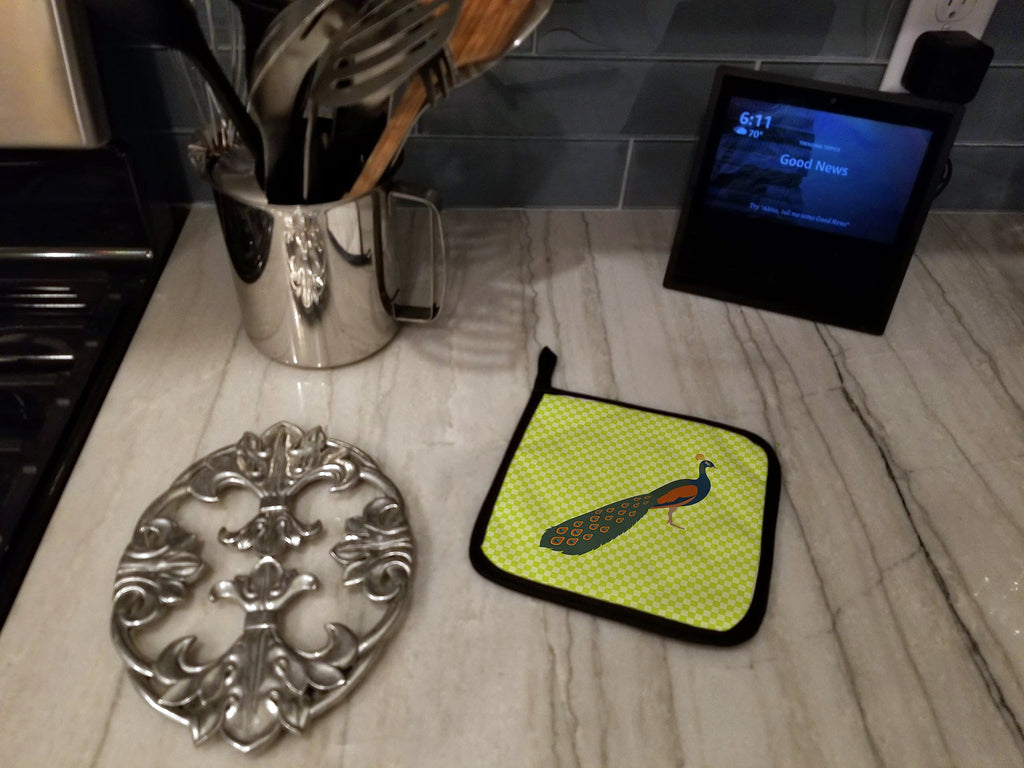 Indian Peacock Peafowl Green Pot Holder Set of 2 Heat Resistant Quilted Hot Pads 7.5 x 7.5 Inch, Insulated Kitchen Trivets for Cooking & Baking