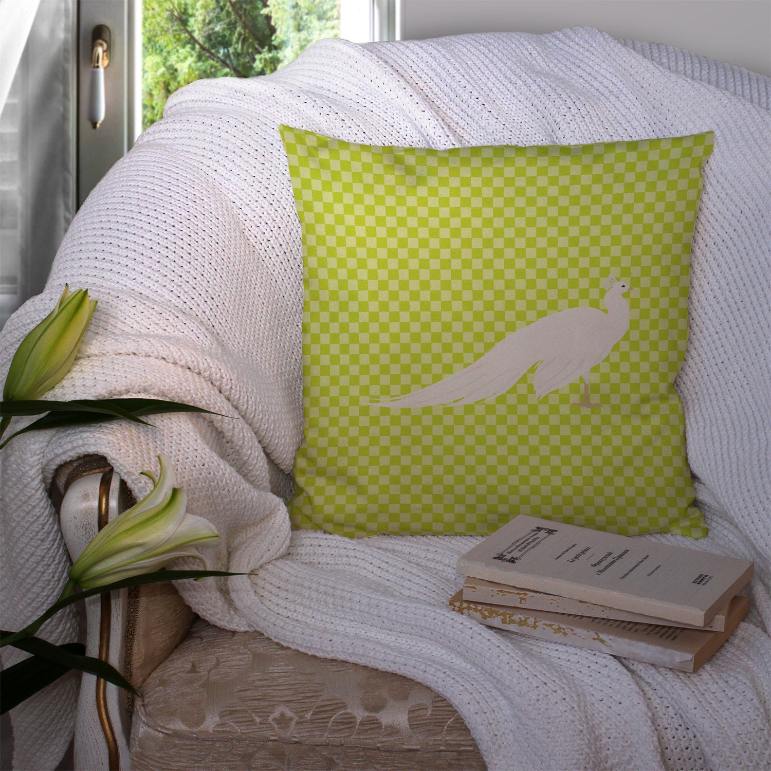 White Peacock Peafowl Green Decorative Throw Pillow 14x14 Indoor Outdoor Accent Cushion, Fabric Cover with Insert for Sofa, Bed, Porch & Living Room