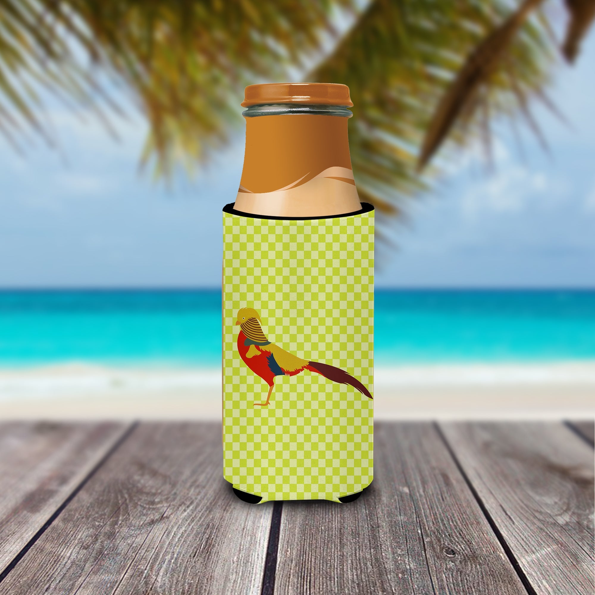 Golden or Chinese Pheasant Green Slim Can Hugger , Insulated Foam Hugger for 12 oz Slim Cans, Beer Bottles & Water Bottles, Printed in USA