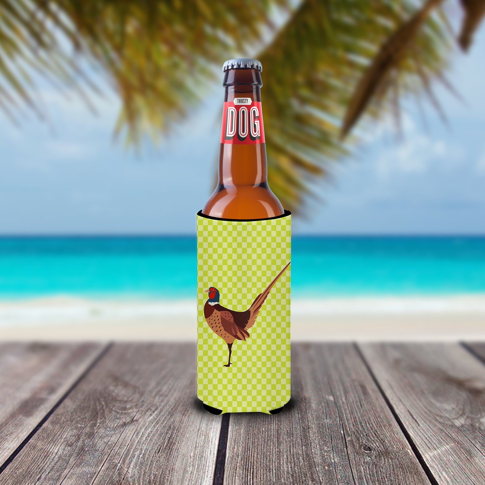 Ring-necked Common Pheasant Green Slim Can Hugger , Insulated Foam Hugger for 12 oz Slim Cans, Beer Bottles & Water Bottles, Printed in USA