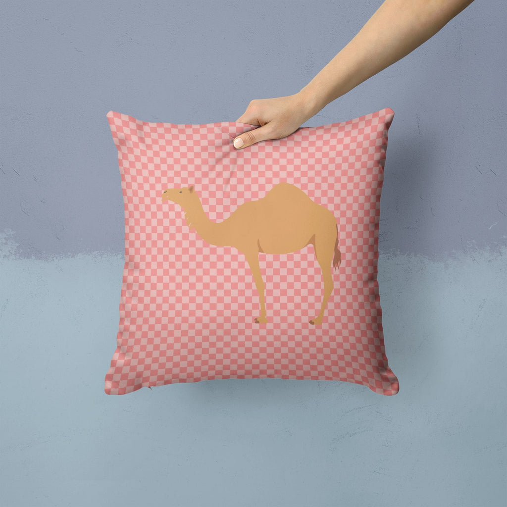 Arabian Camel Dromedary Pink Check Decorative Throw Pillow 14x14 Indoor Outdoor Accent Cushion, Fabric Cover with Insert for Sofa, Bed, Porch & Living Room