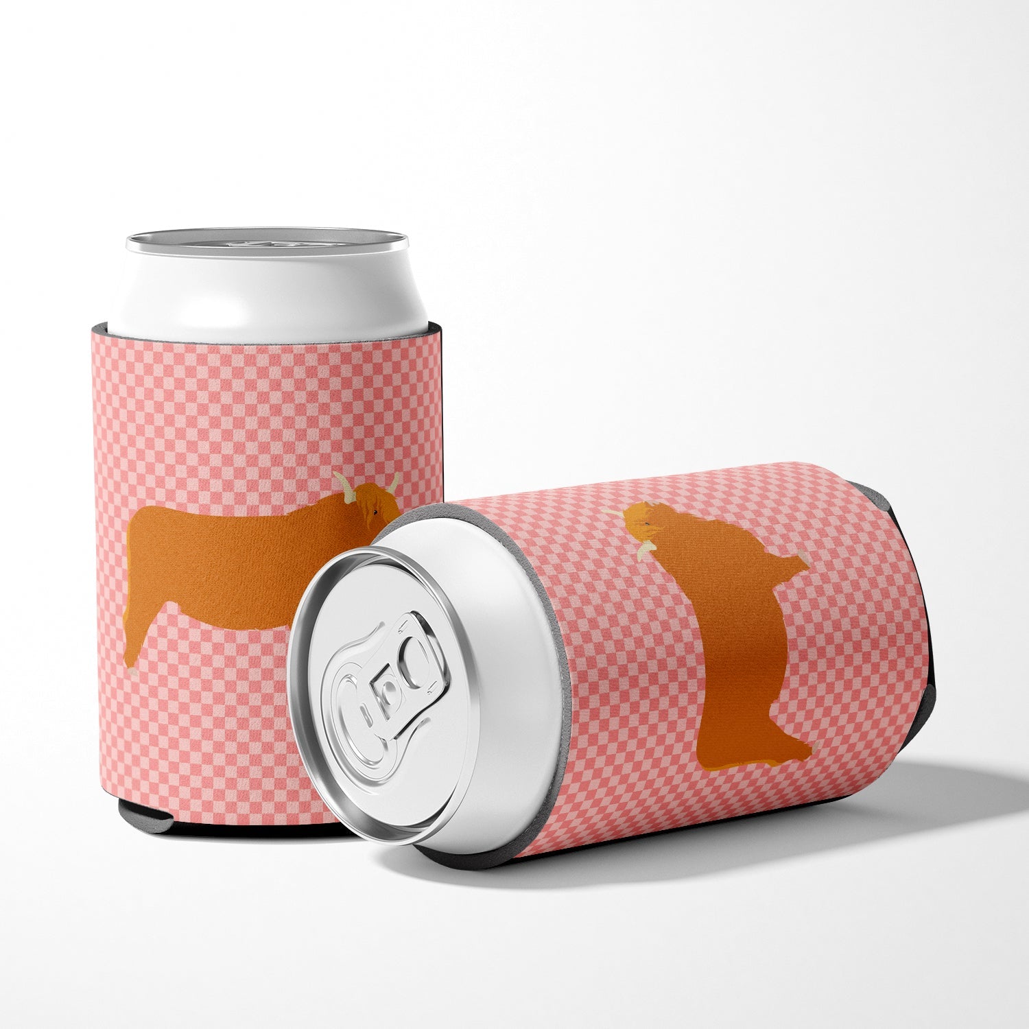 Highland Cow Pink Check Can or Bottle Hugger Cooler Sleeve for Standard 12 oz Cans, Insulated Foam Beer & Soda Can Hugger Reusable