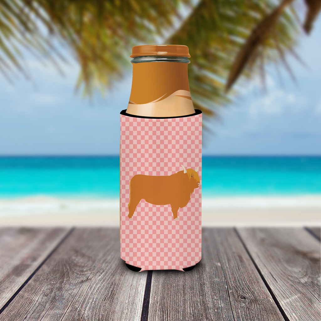 Highland Cow Pink Check Slim Can Hugger , Insulated Foam Hugger for 12 oz Slim Cans, Beer Bottles & Water Bottles, Printed in USA