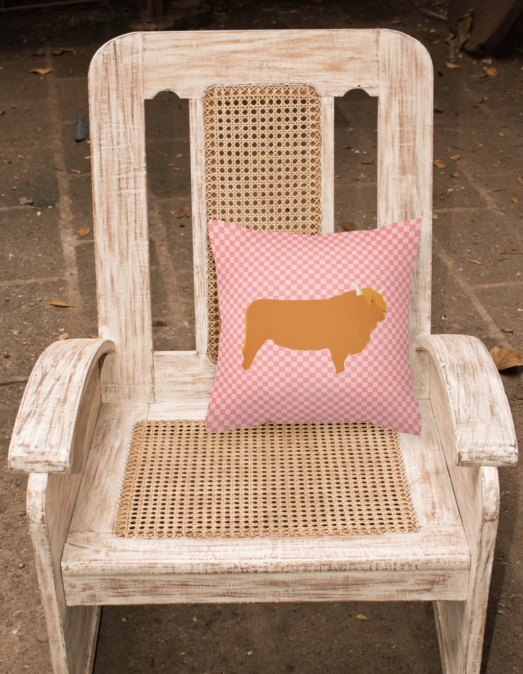 Highland Cow Pink Check Decorative Throw Pillow 18x18 Indoor Outdoor Accent Cushion, Fabric Cover with Insert for Sofa, Bed, Porch & Living Room
