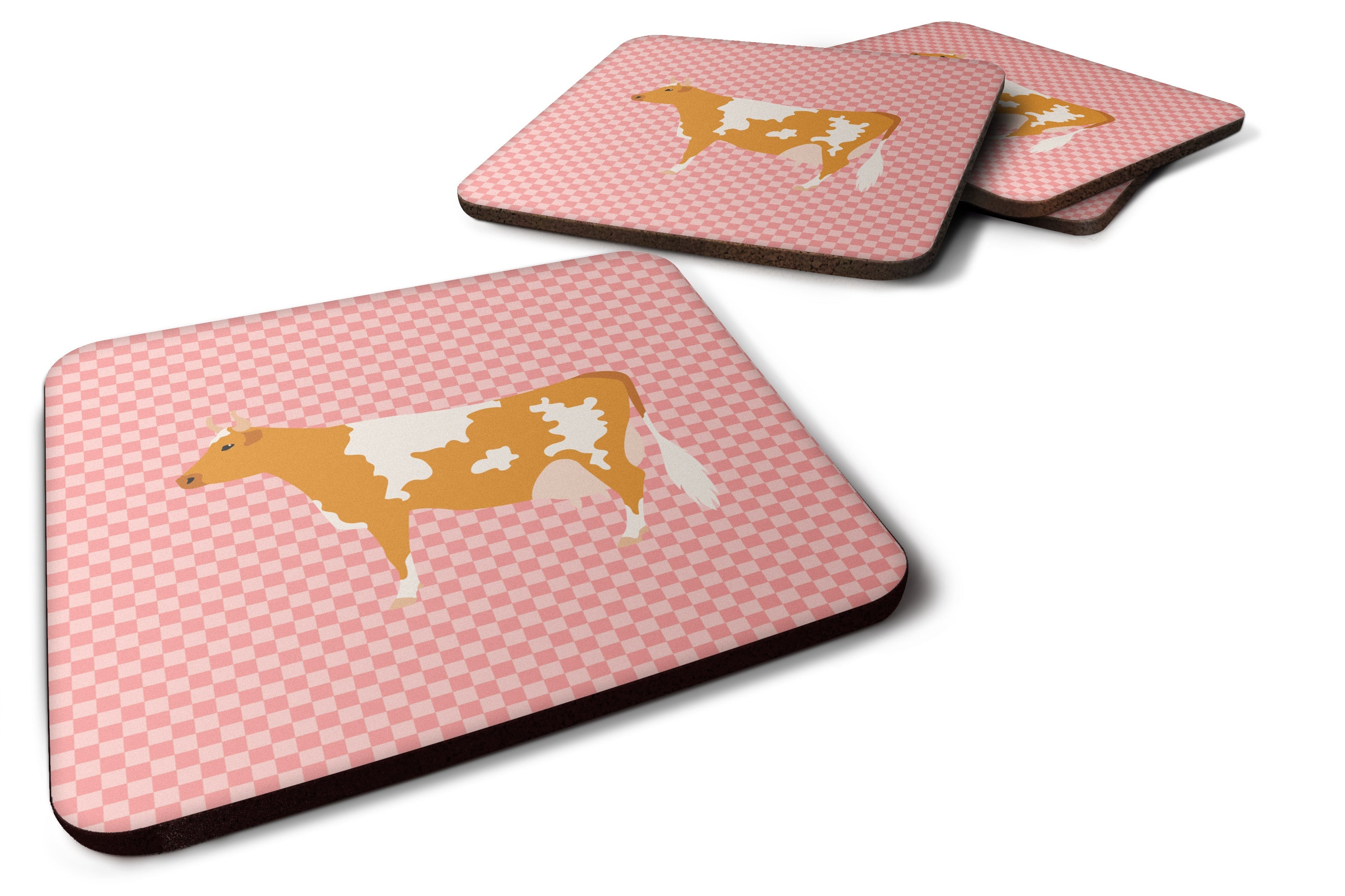 Guernsey Cow Pink Check Foam Coasters Set of 4 Cup Coasters for Indoor Outdoor, Tabletop Protection, Anti Slip, Mouse pad Material