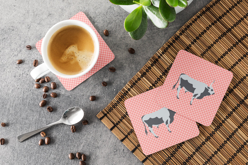 Hungarian Grey Steppe Cow Pink Check Foam Coasters Set of 4 Cup Coasters for Indoor Outdoor, Tabletop Protection, Anti Slip, Mouse pad Material