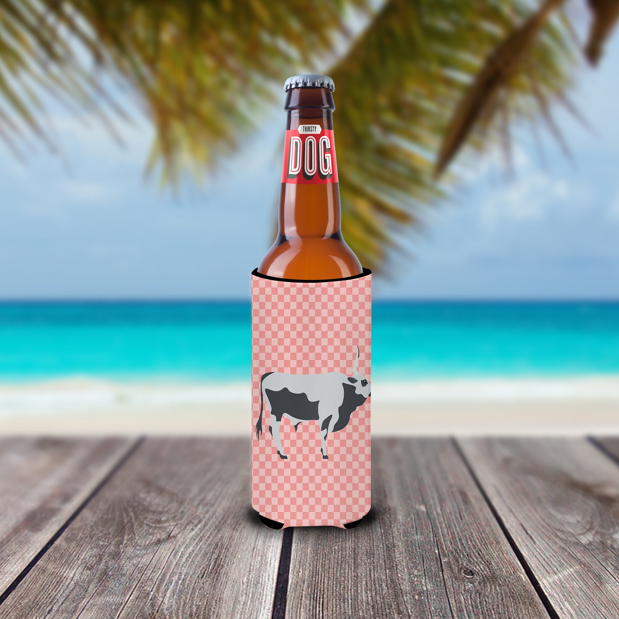Hungarian Grey Steppe Cow Pink Check Slim Can Hugger , Insulated Foam Hugger for 12 oz Slim Cans, Beer Bottles & Water Bottles, Printed in USA