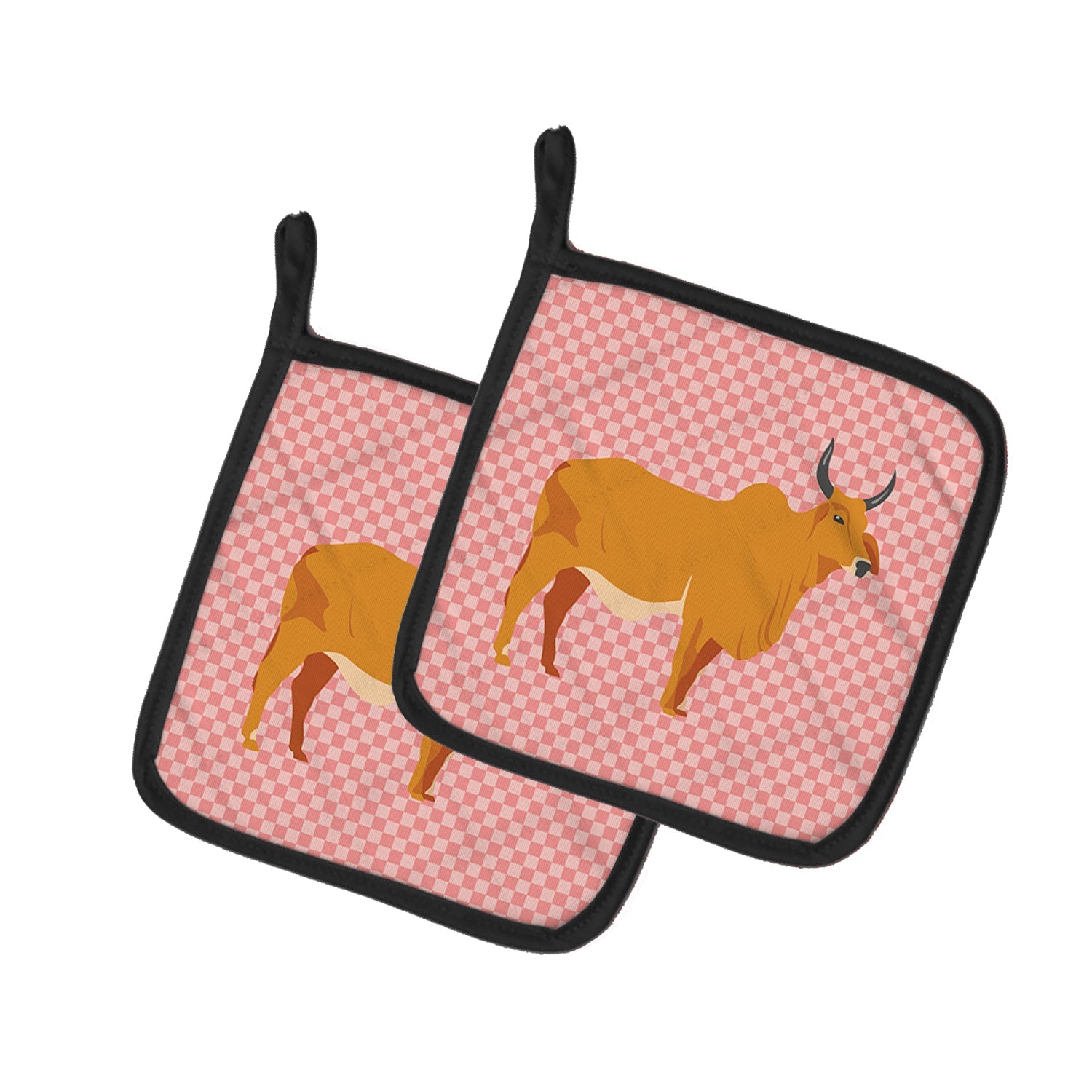 Zebu Indicine Cow Pink Check Pot Holder Set of 2 Heat Resistant Quilted Hot Pads 7.5 x 7.5 Inch, Insulated Kitchen Trivets for Cooking & Baking