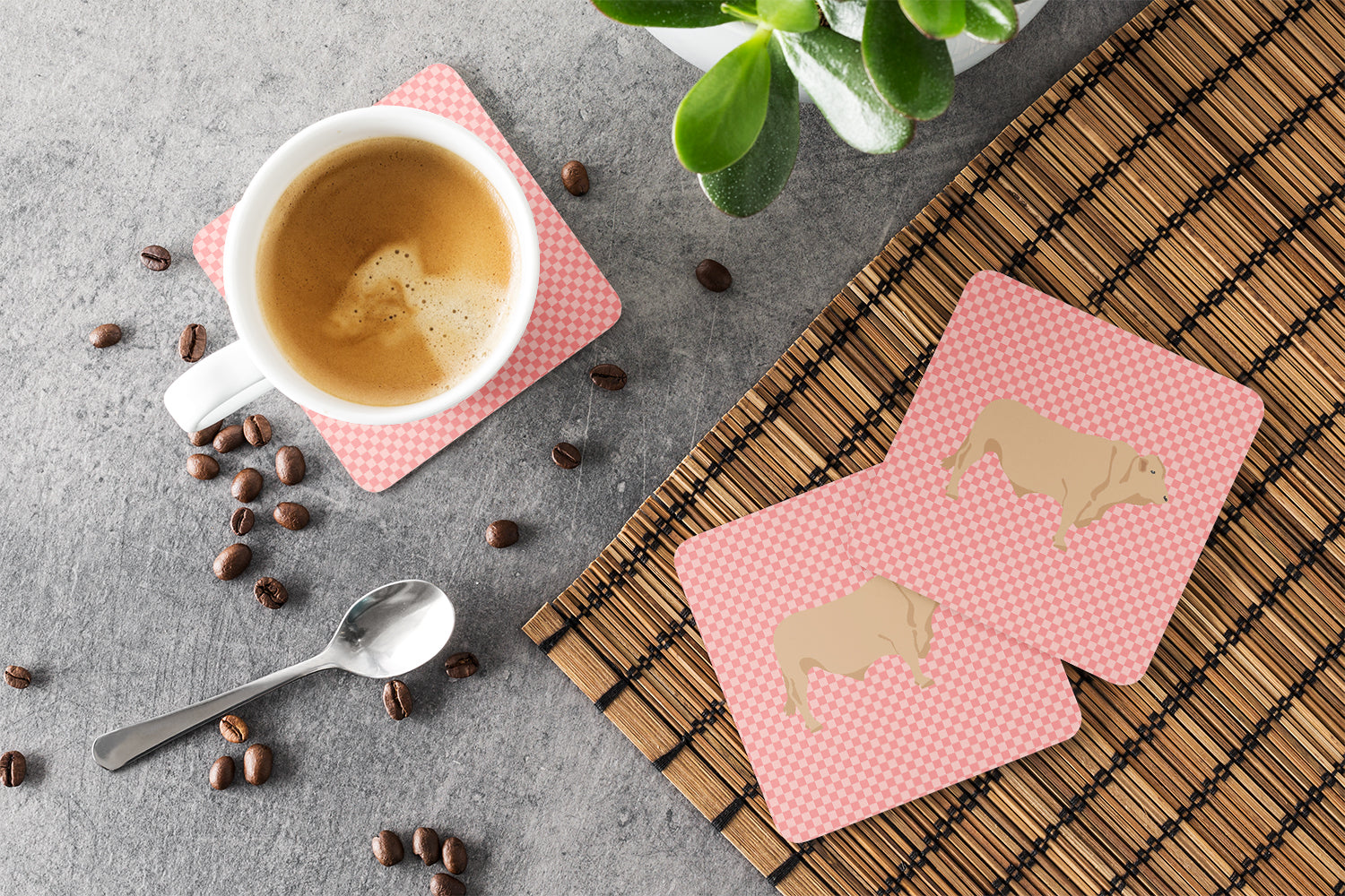 Charolais Cow Pink Check Foam Coasters Set of 4 Cup Coasters for Indoor Outdoor, Tabletop Protection, Anti Slip, Mouse pad Material