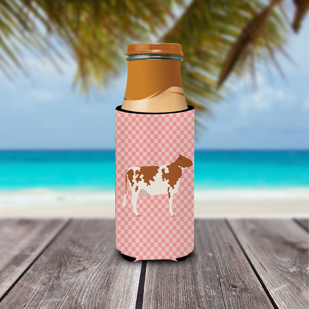 Ayrshire Cow Pink Check Slim Can Hugger , Insulated Foam Hugger for 12 oz Slim Cans, Beer Bottles & Water Bottles, Printed in USA