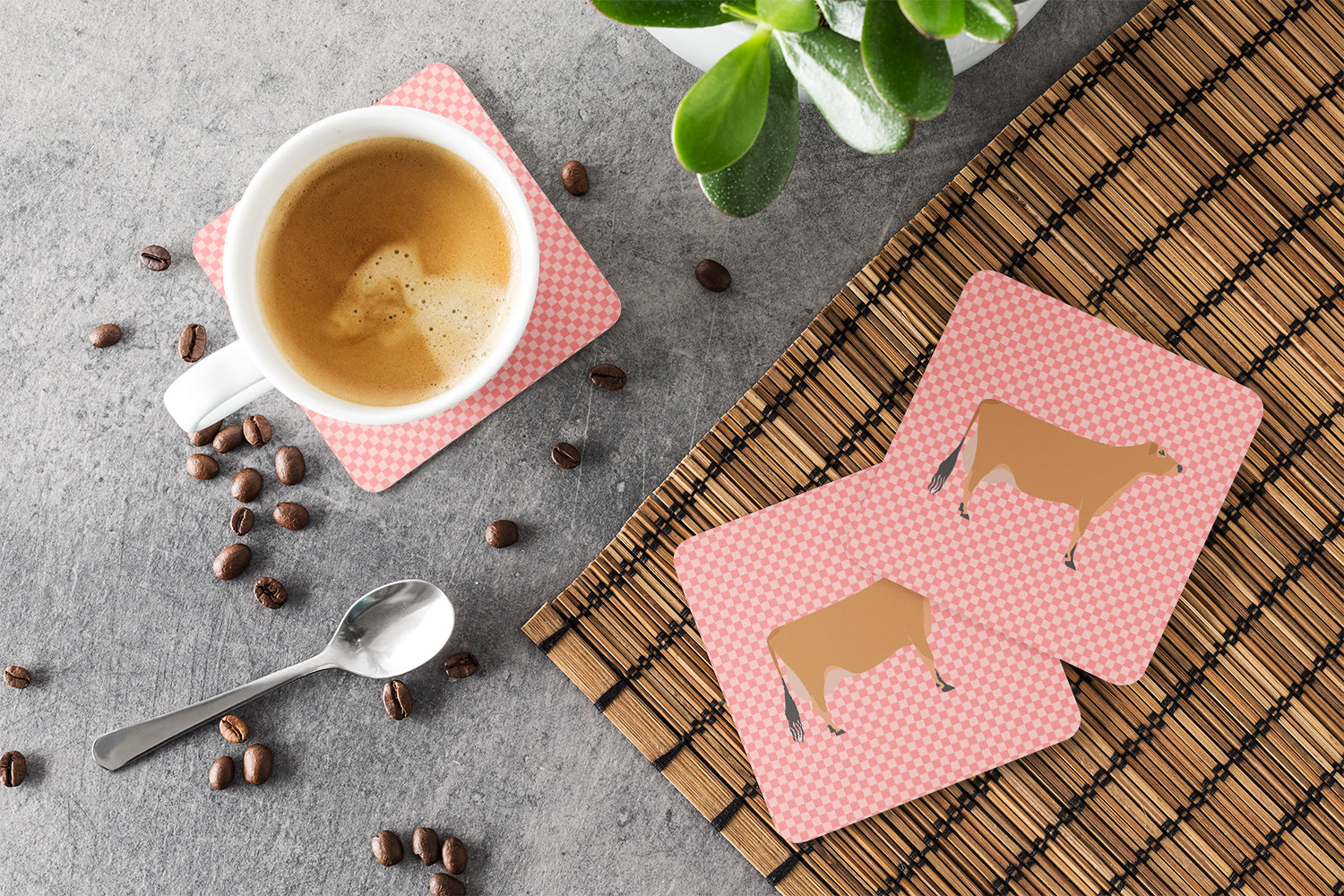 Jersey Cow Pink Check Foam Coasters Set of 4 Cup Coasters for Indoor Outdoor, Tabletop Protection, Anti Slip, Mouse pad Material
