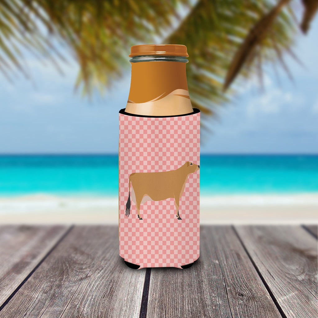 Jersey Cow Pink Check Slim Can Hugger , Insulated Foam Hugger for 12 oz Slim Cans, Beer Bottles & Water Bottles, Printed in USA