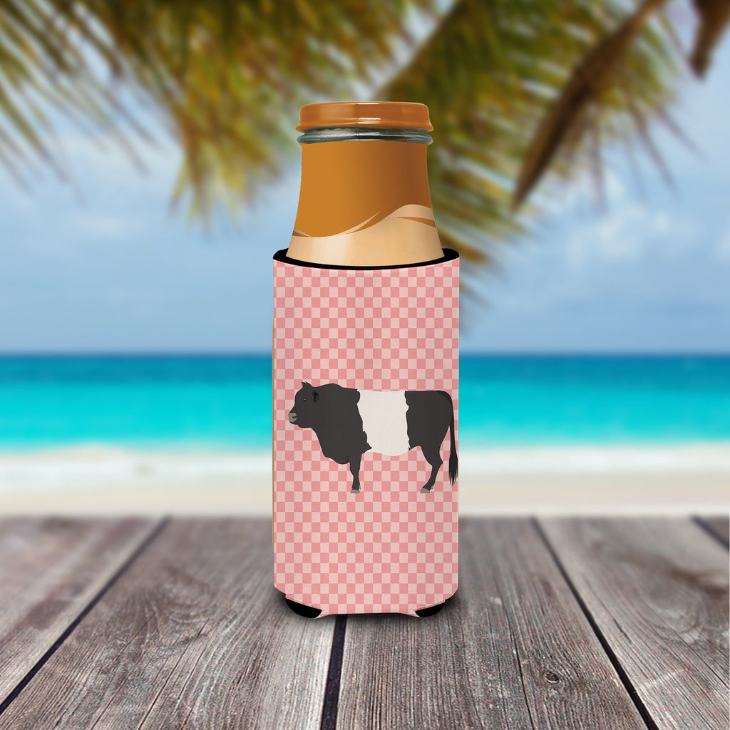 Belted Galloway Cow Pink Check Slim Can Hugger , Insulated Foam Hugger for 12 oz Slim Cans, Beer Bottles & Water Bottles, Printed in USA