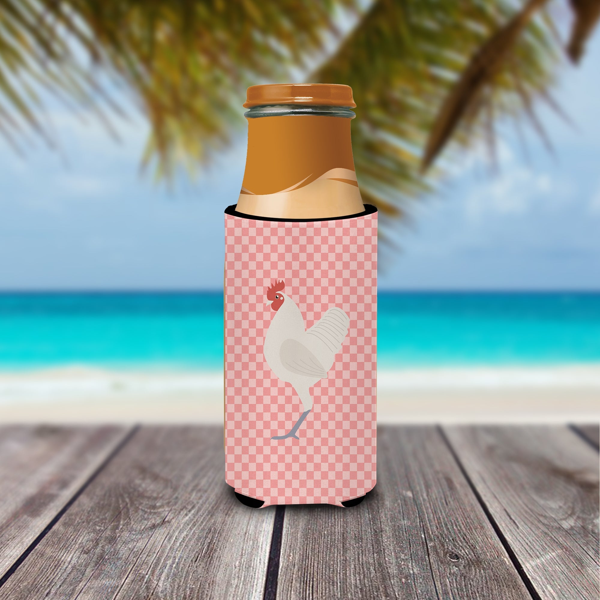 German Langshan Chicken Pink Check Slim Can Hugger , Insulated Foam Hugger for 12 oz Slim Cans, Beer Bottles & Water Bottles, Printed in USA