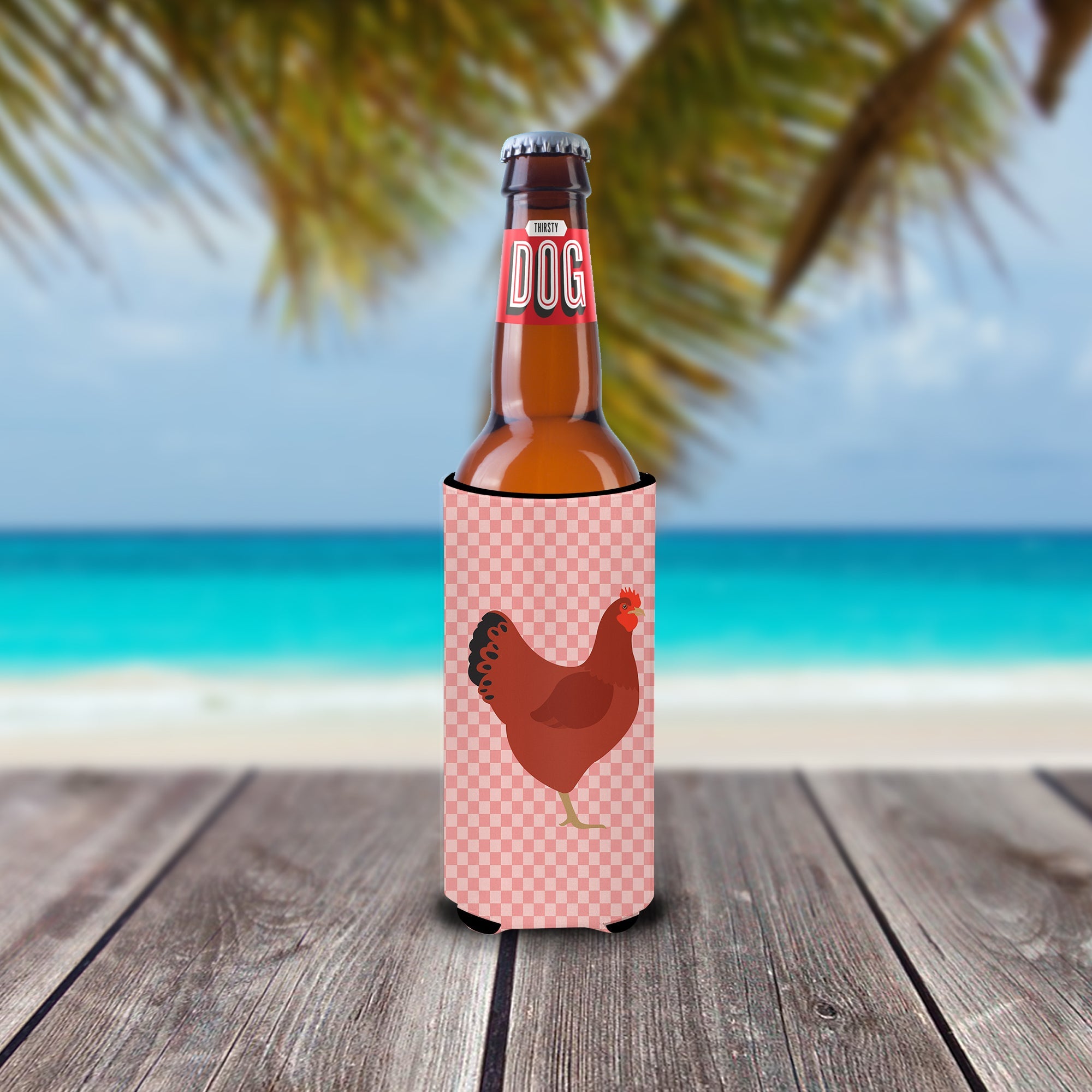 New Hampshire Red Chicken Pink Check Slim Can Hugger , Insulated Foam Hugger for 12 oz Slim Cans, Beer Bottles & Water Bottles, Printed in USA