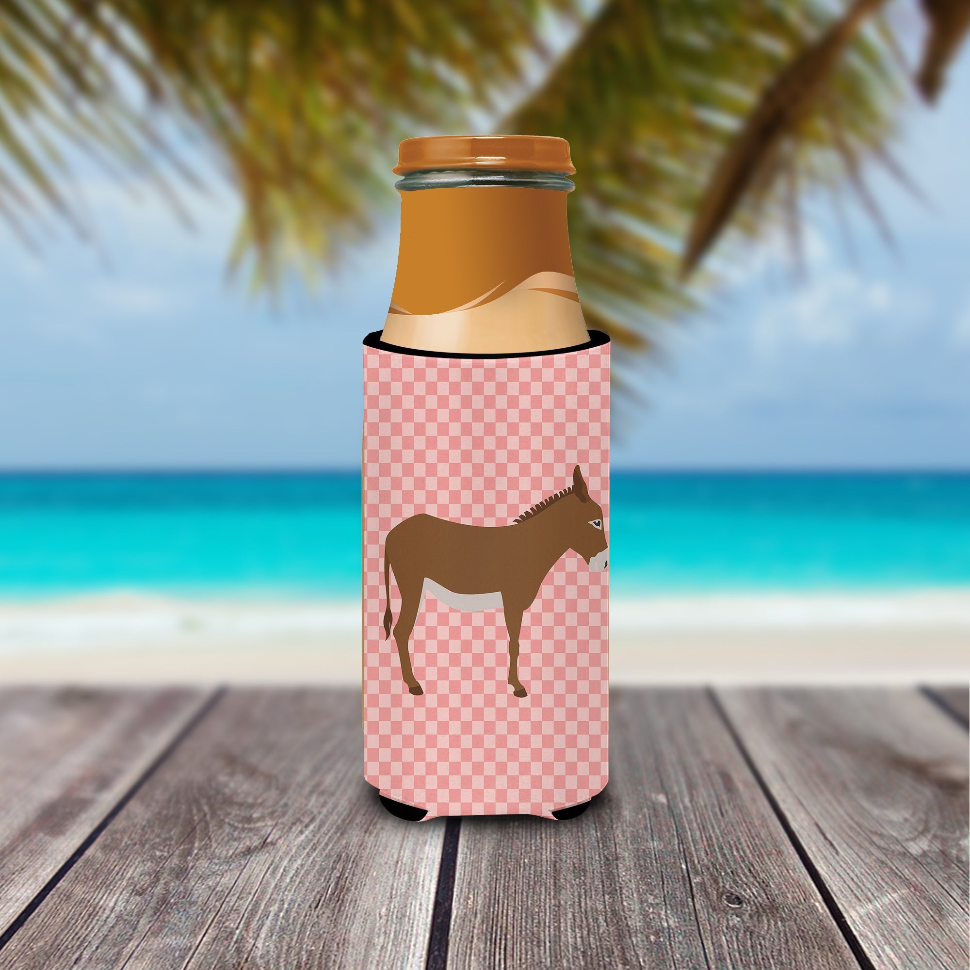 Cotentin Donkey Pink Check Slim Can Hugger , Insulated Foam Hugger for 12 oz Slim Cans, Beer Bottles & Water Bottles, Printed in USA