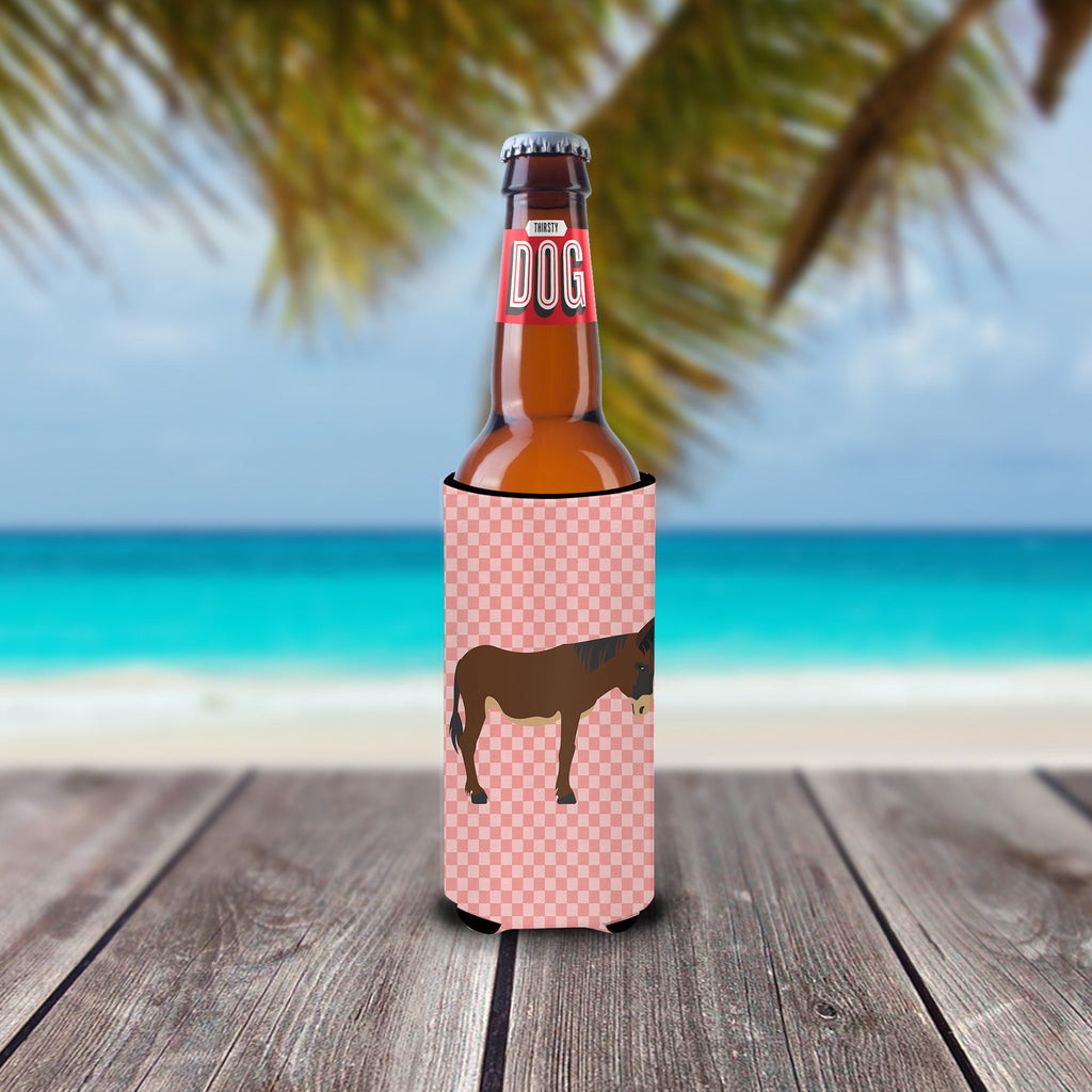 Zamorano-Leones Donkey Pink Check Slim Can Hugger , Insulated Foam Hugger for 12 oz Slim Cans, Beer Bottles & Water Bottles, Printed in USA