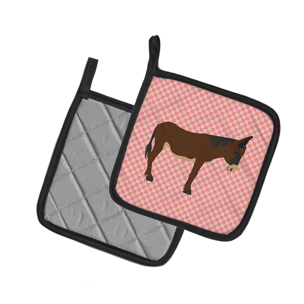 Zamorano-Leones Donkey Pink Check Pot Holder Set of 2 Heat Resistant Quilted Hot Pads 7.5 x 7.5 Inch, Insulated Kitchen Trivets for Cooking & Baking