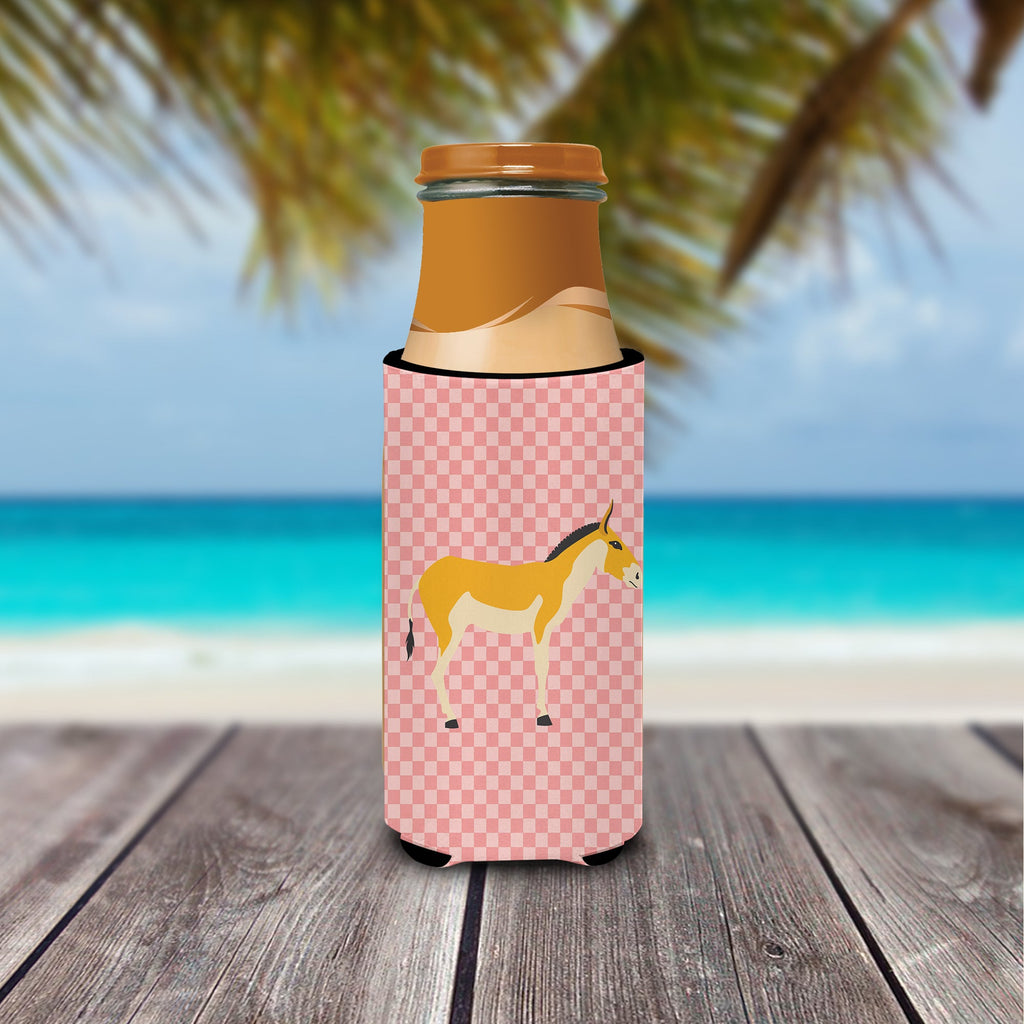 Turkmenian Kulan Donkey Pink Check Slim Can Hugger , Insulated Foam Hugger for 12 oz Slim Cans, Beer Bottles & Water Bottles, Printed in USA