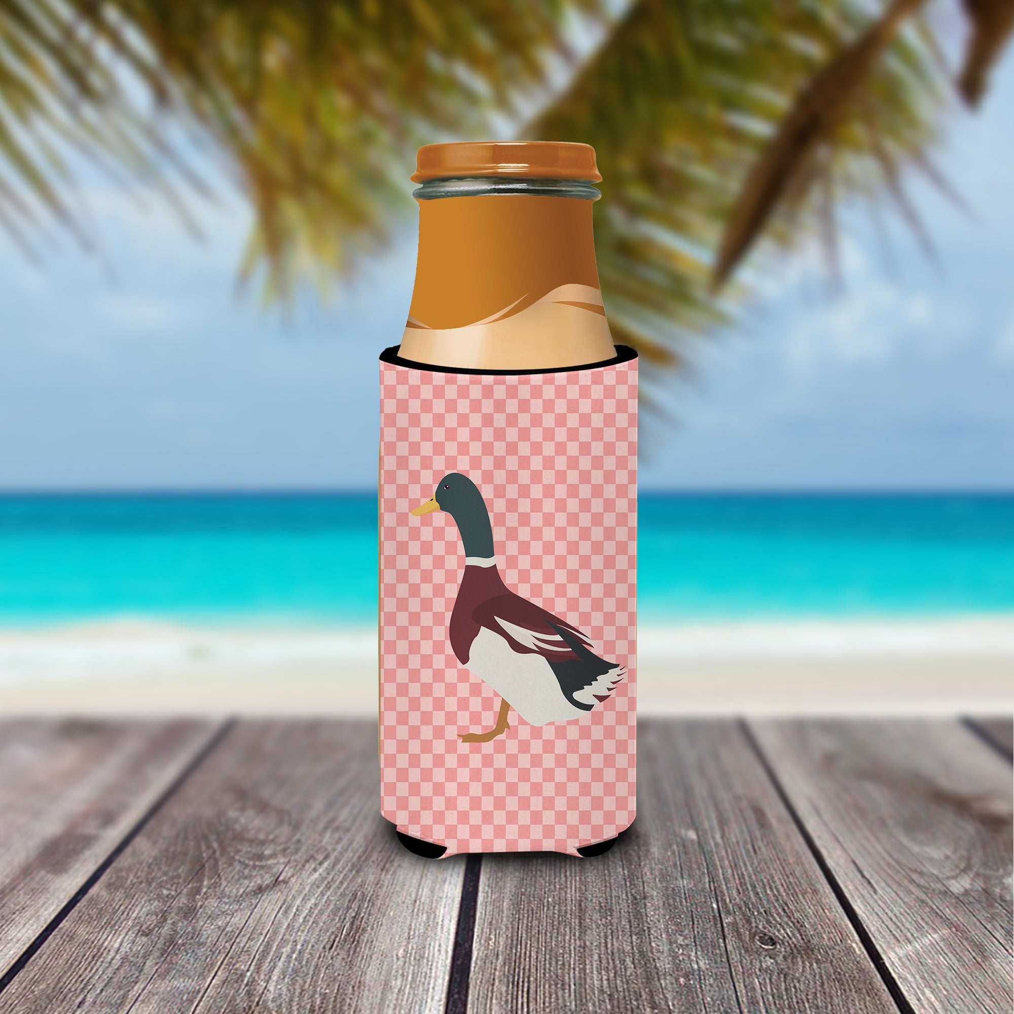 Rouen Duck Pink Check Slim Can Hugger , Insulated Foam Hugger for 12 oz Slim Cans, Beer Bottles & Water Bottles, Printed in USA
