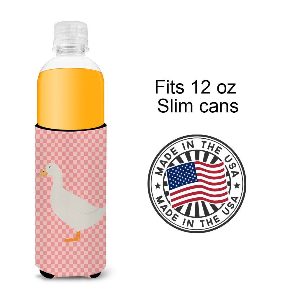 American Pekin Duck Pink Check Slim Can Hugger , Insulated Foam Hugger for 12 oz Slim Cans, Beer Bottles & Water Bottles, Printed in USA